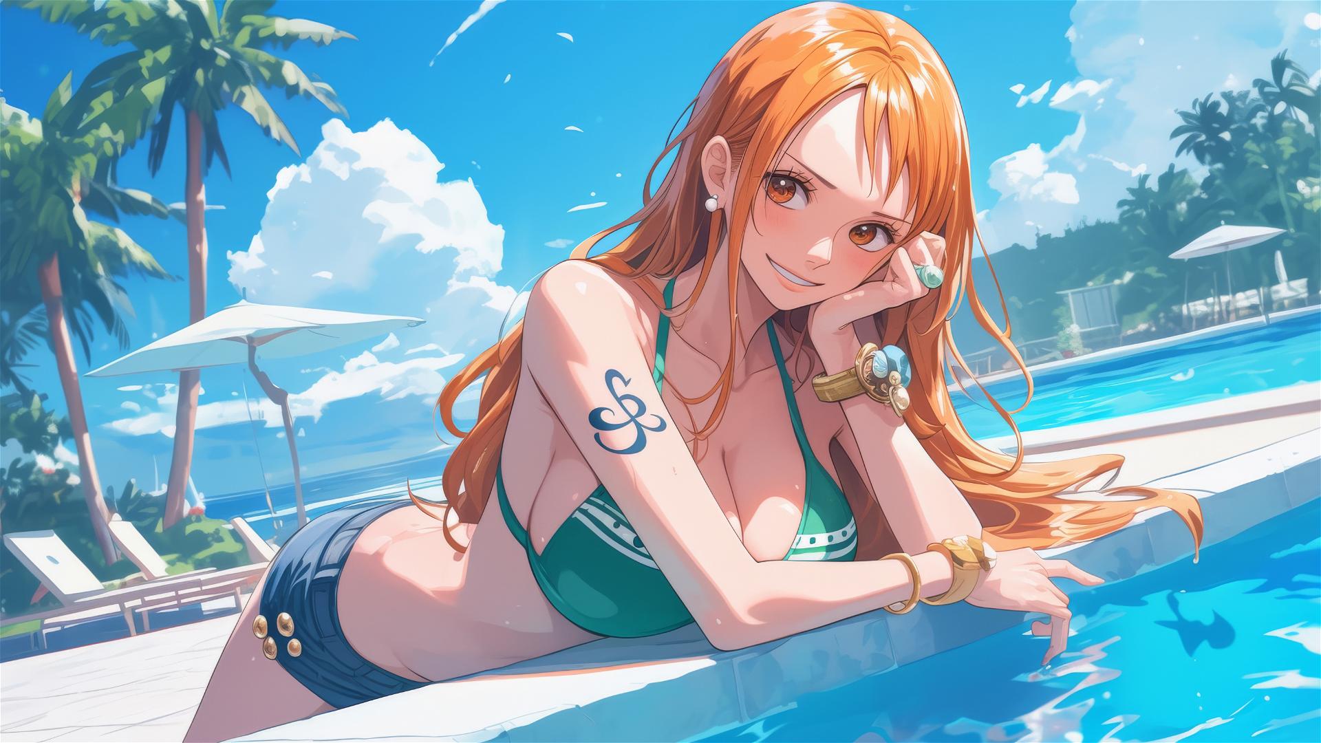 Nami from One Piece resting by pool under moonlight