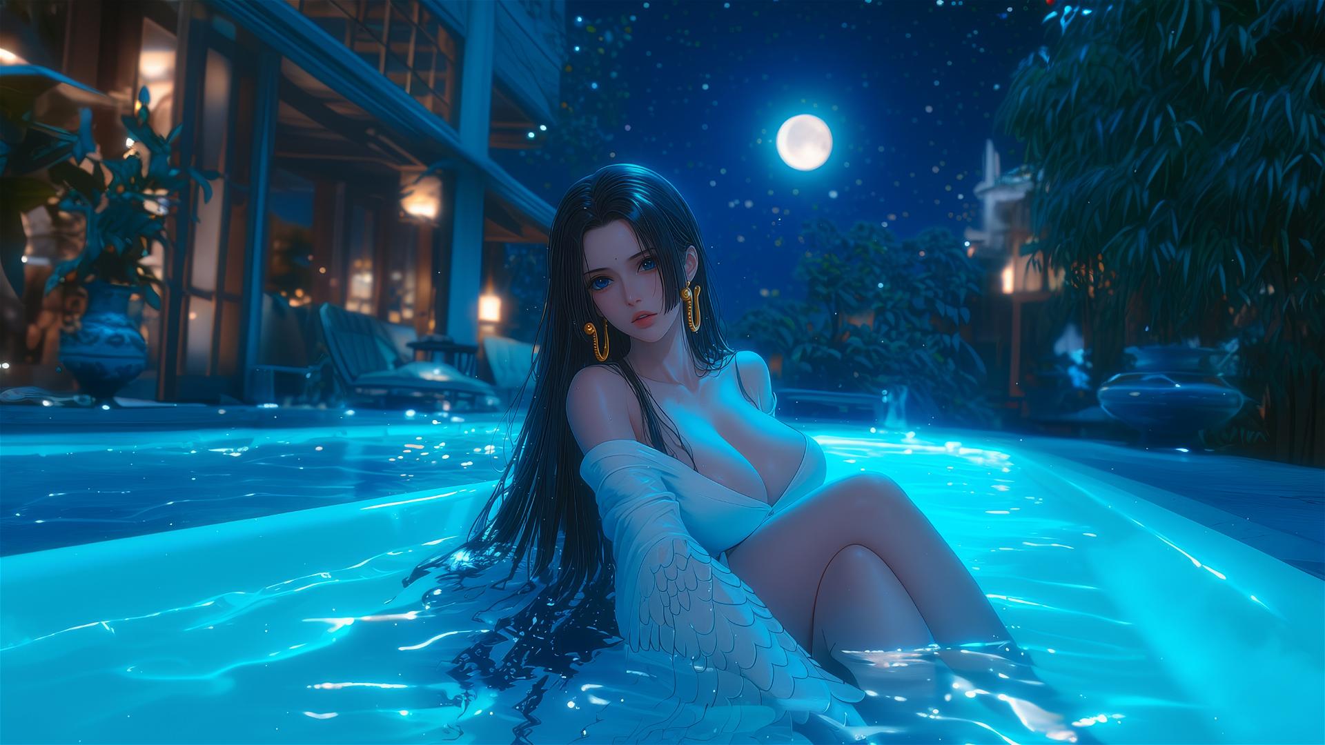 Boa Hancock from One Piece resting in a tub under moonlight
