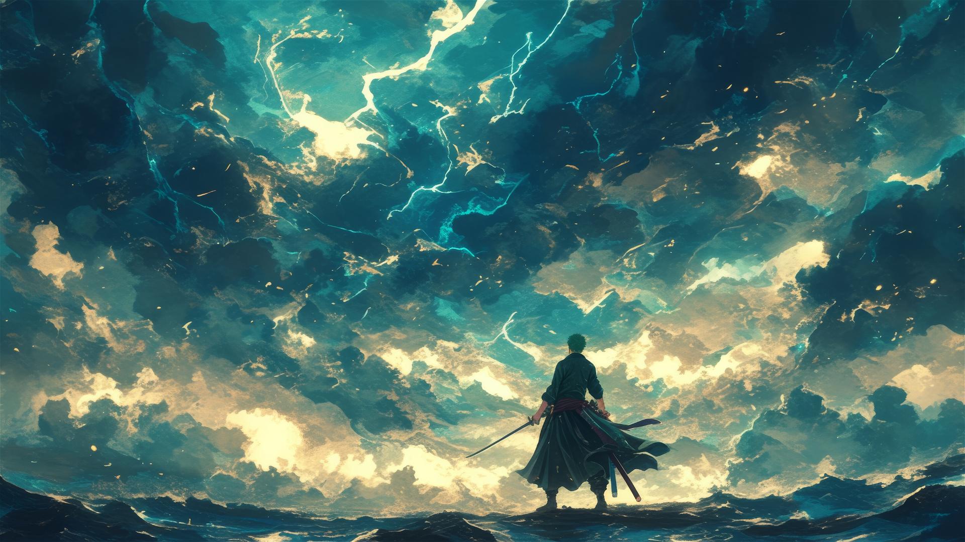 Roronoa Zoro silhouette against stormy sea with distant lightning