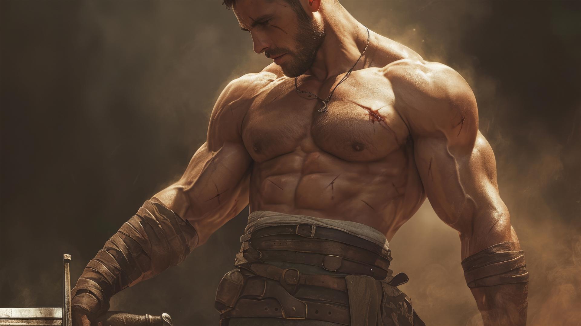 Gladiator warrior in spotlight with focus on thighs against dark background
