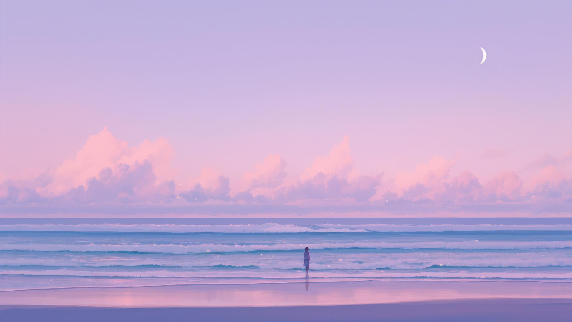 Dreamy beach with pink and purple twilight sky and calm sea under moonlight