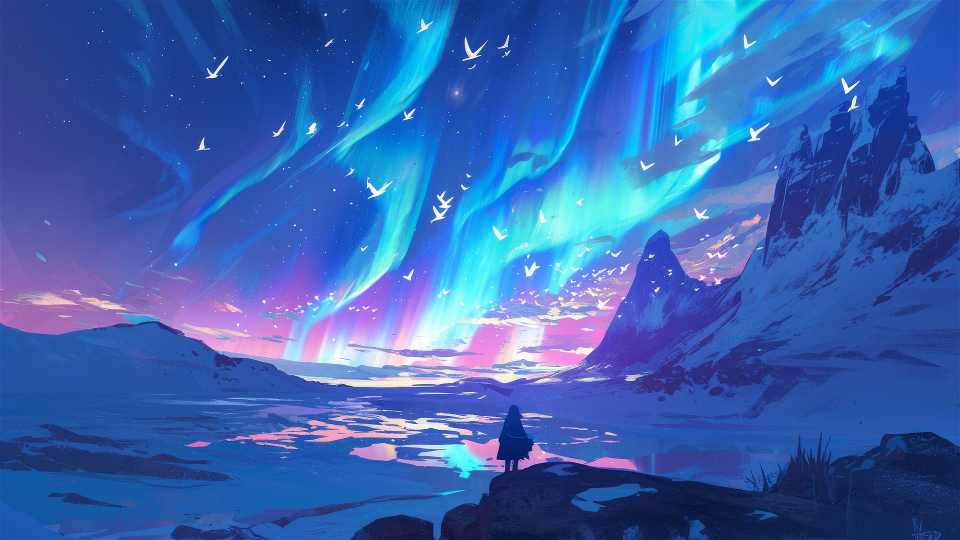 Solar winds cape with animated auroral lights over landscape