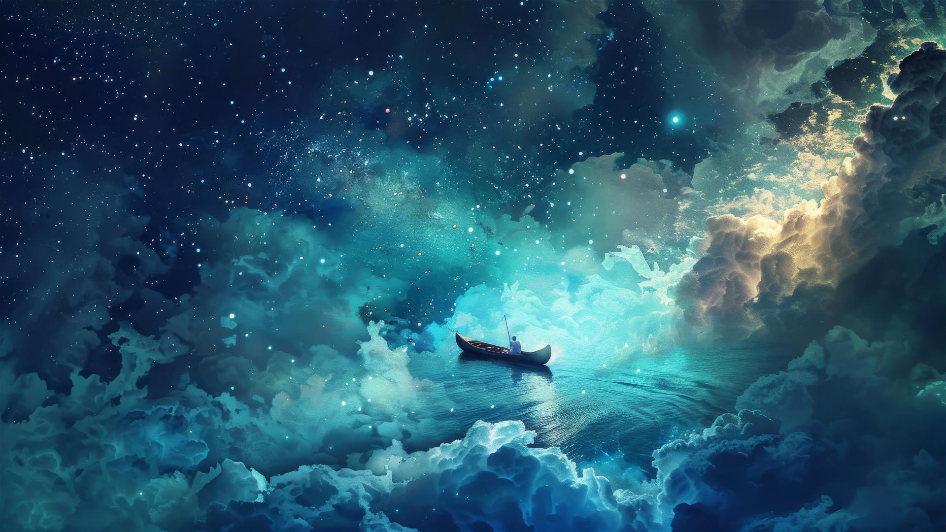 Aerial view of a man in a canoe on the sea with glowing stars and dark clouds.