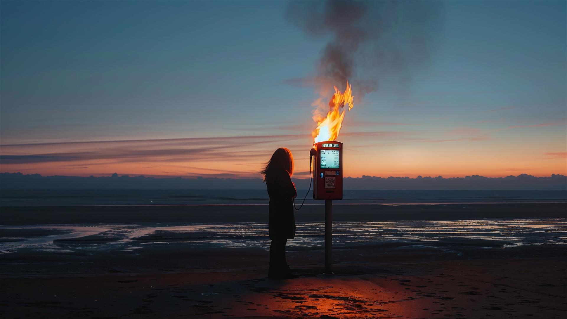 Woman silhouetted by burning payphone on beach at dusk