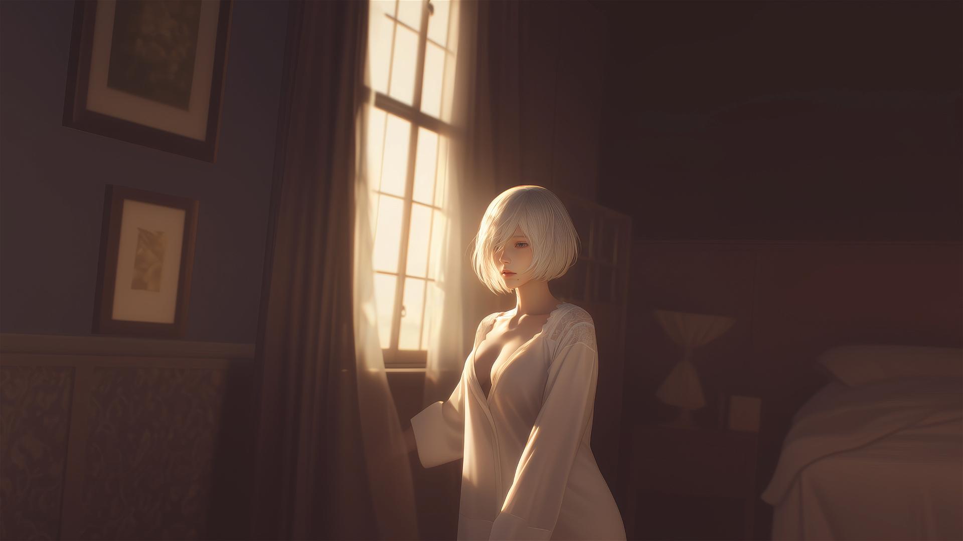 2B from Nier in white modern silk pajamas by a sunrise-lit window