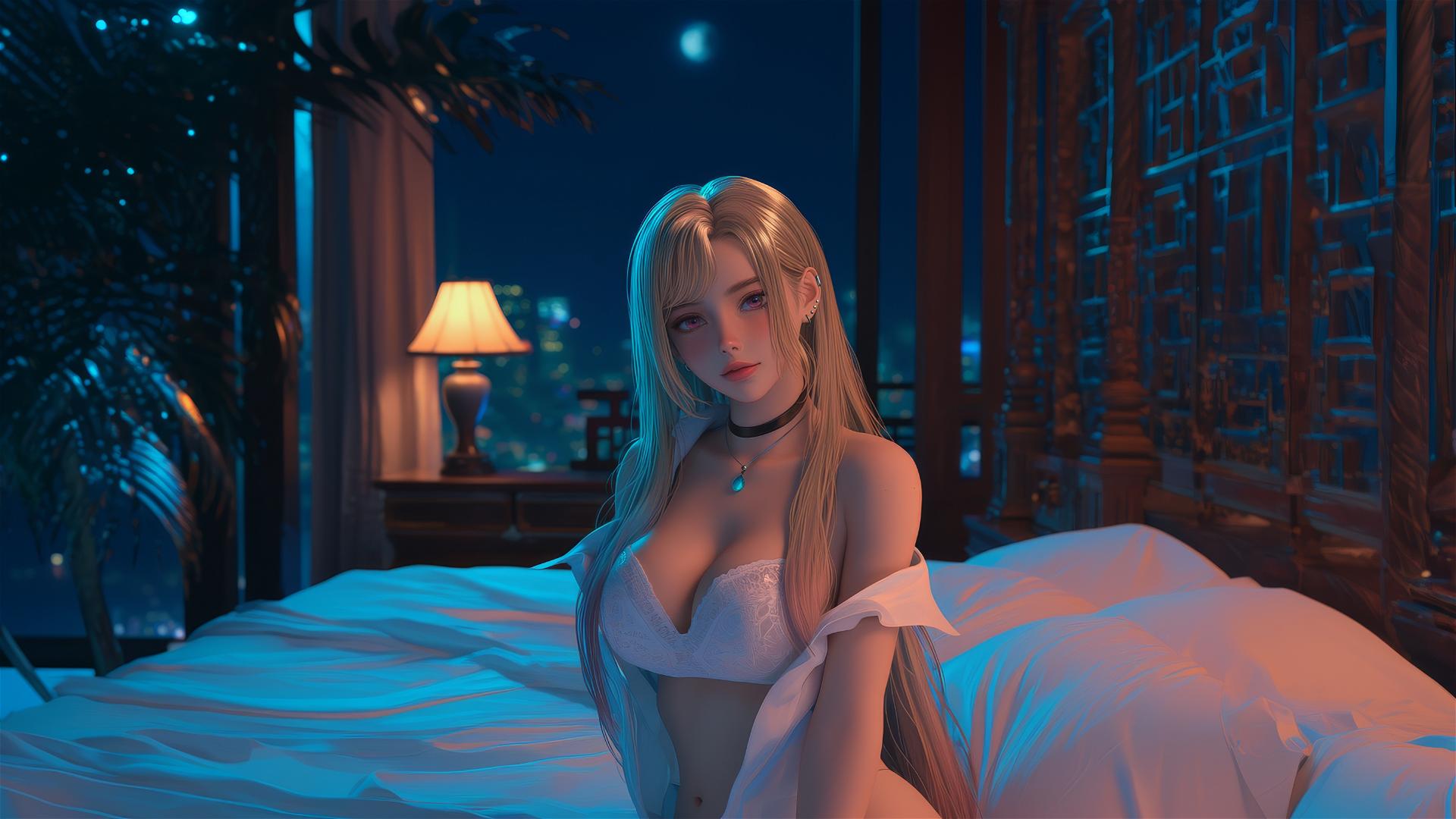 Marin Kitagawa sitting on hotel bed with moonlight glow, silky blonde hair, pink tips, pinkish eyes.