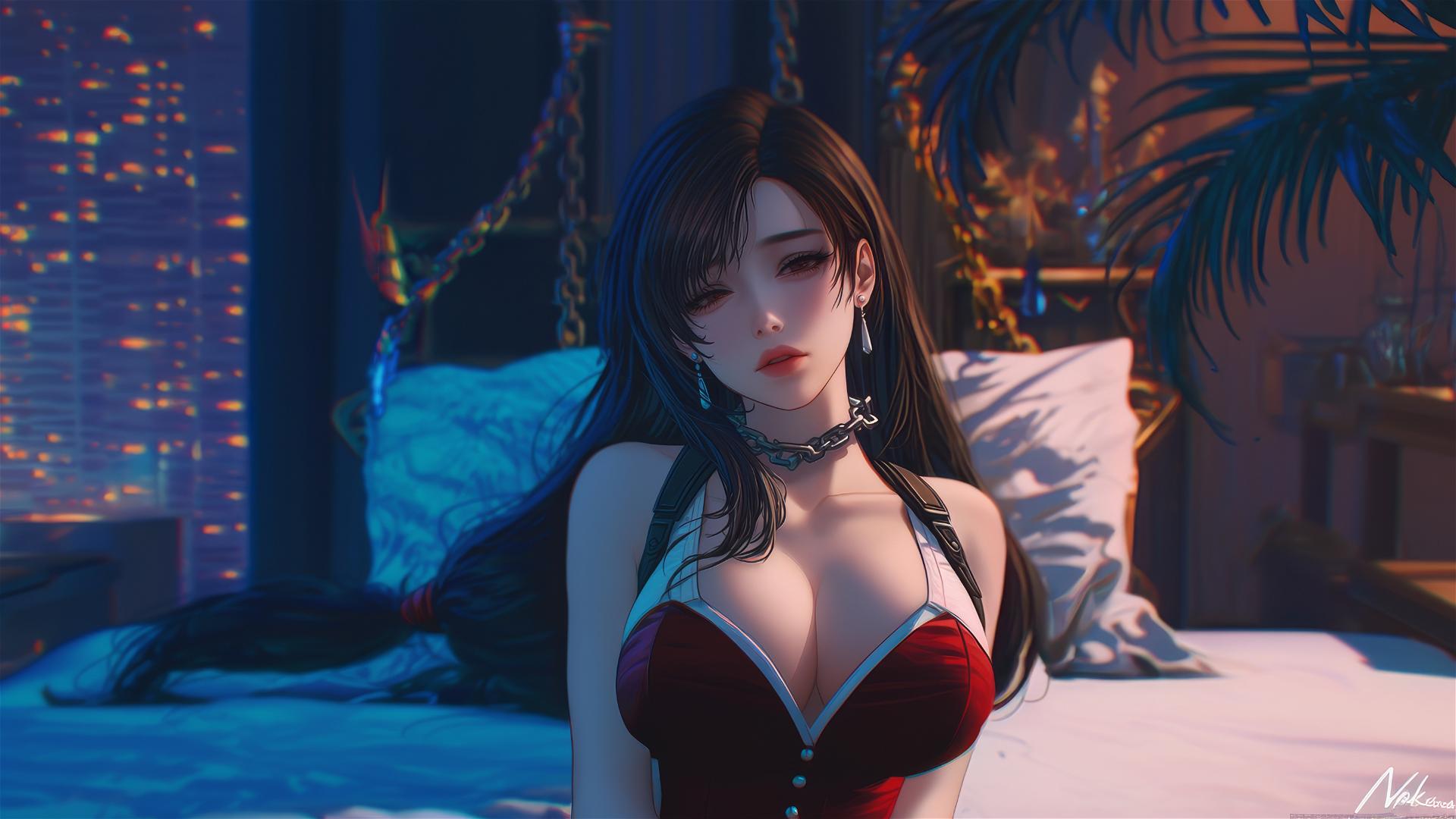 High angle of Tifa Lockhart, chained neck, all red outfit, warm hotel lighting.