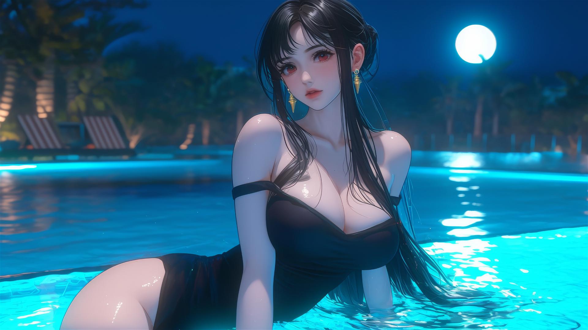 Yor Forger as bunny girl resting by pool under moonlight