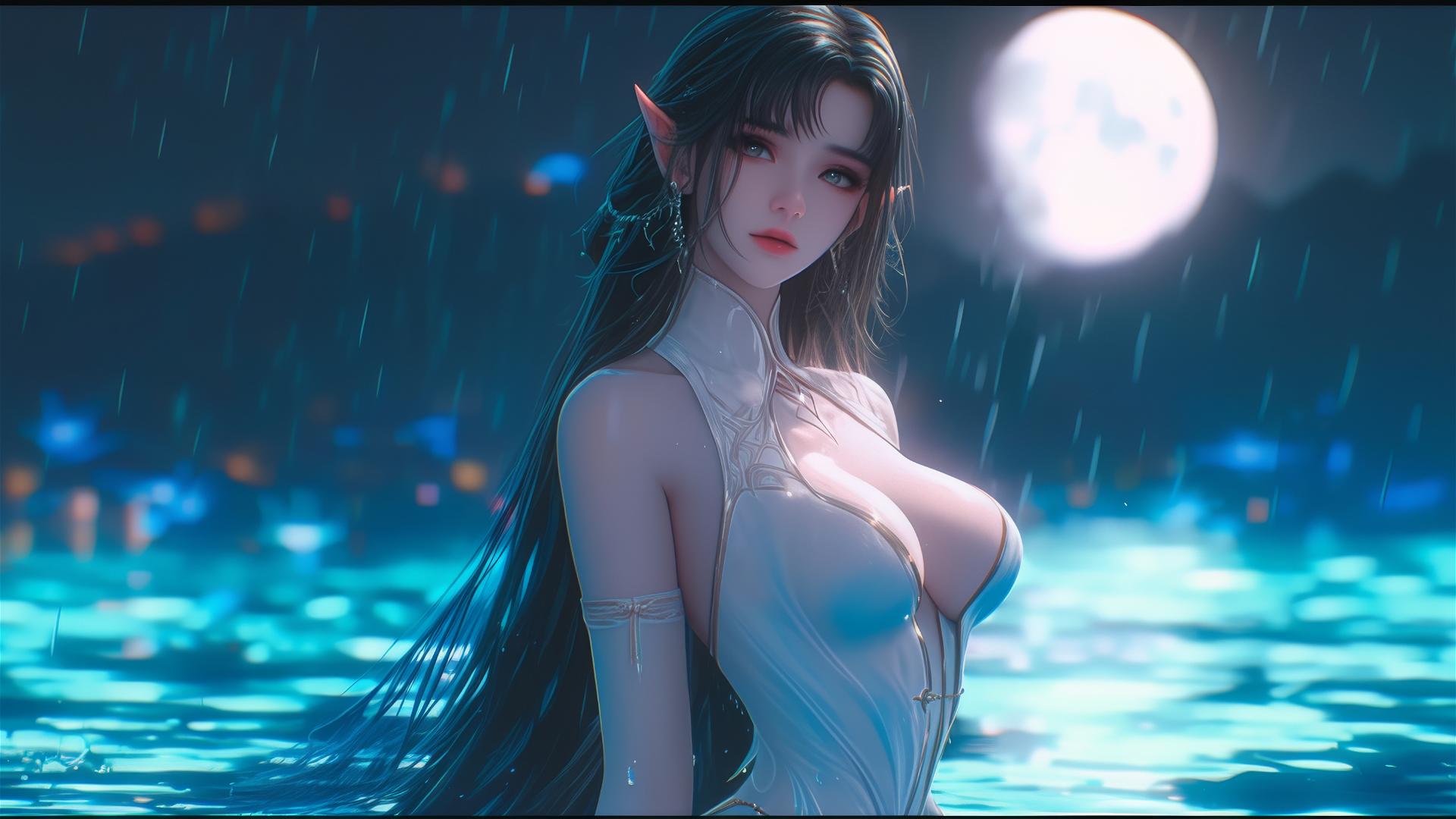 Fantasy Elf girl standing in a pool under moonlight in the rain