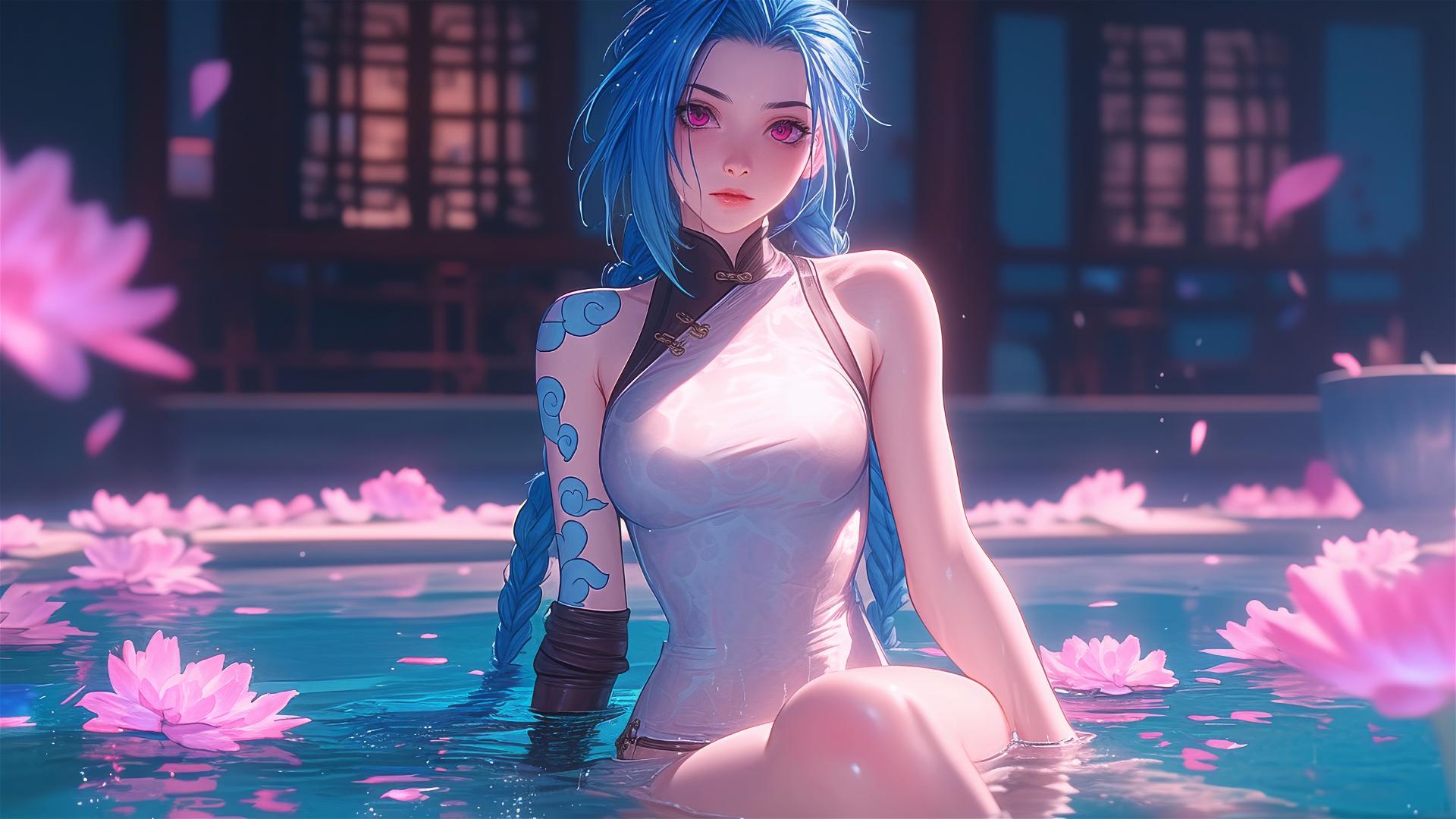 Jinx from League of Legends with pink eyes and blue hair in a flower-filled tub inside a Chinese spa