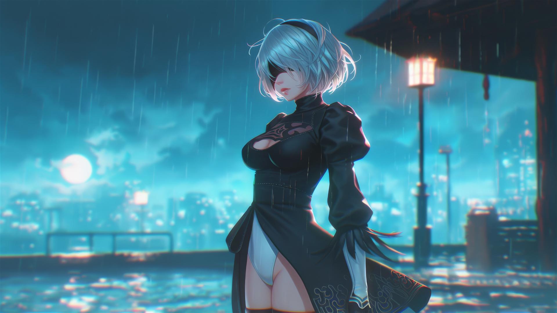2B from Nier stands by a rainy pool in moonlight
