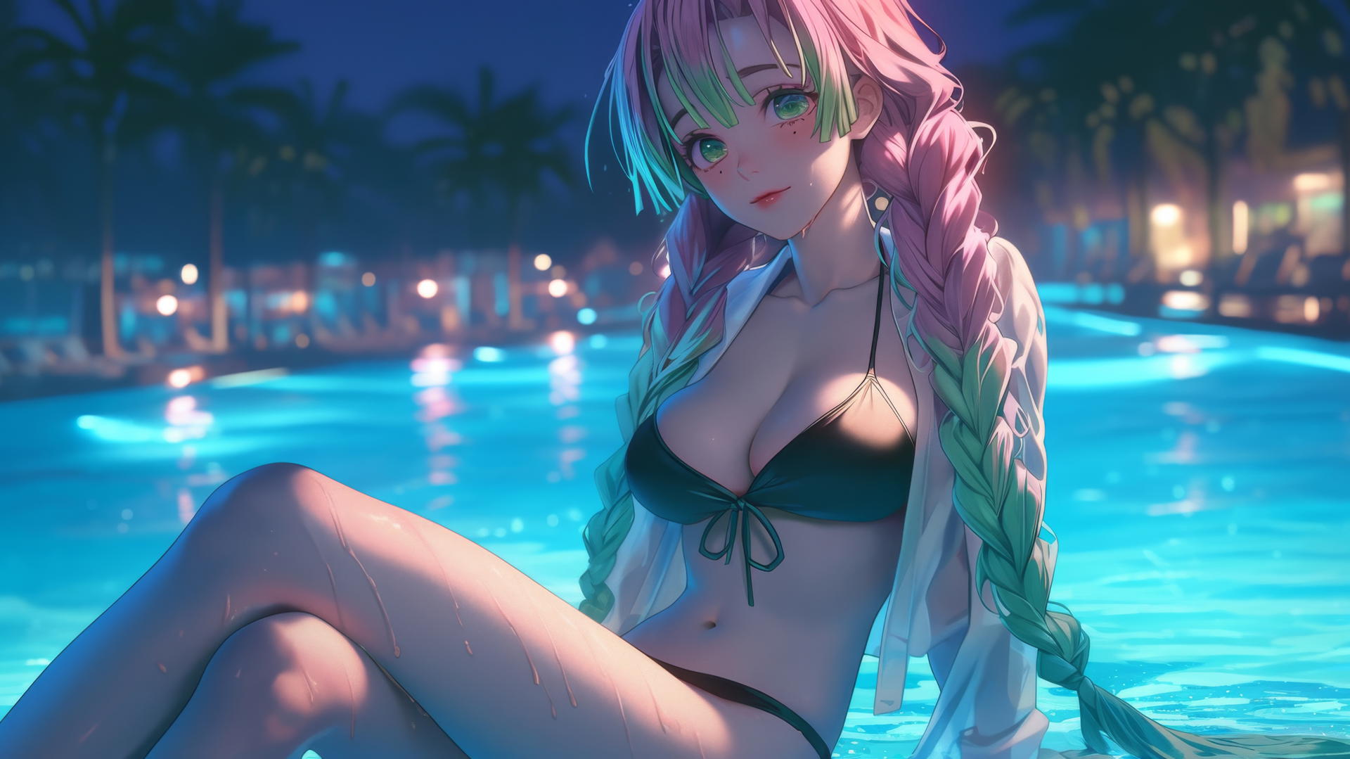 Mitsuri Kanroji from Demon Slayer resting by a rainy swimming pool, moonlight glow.