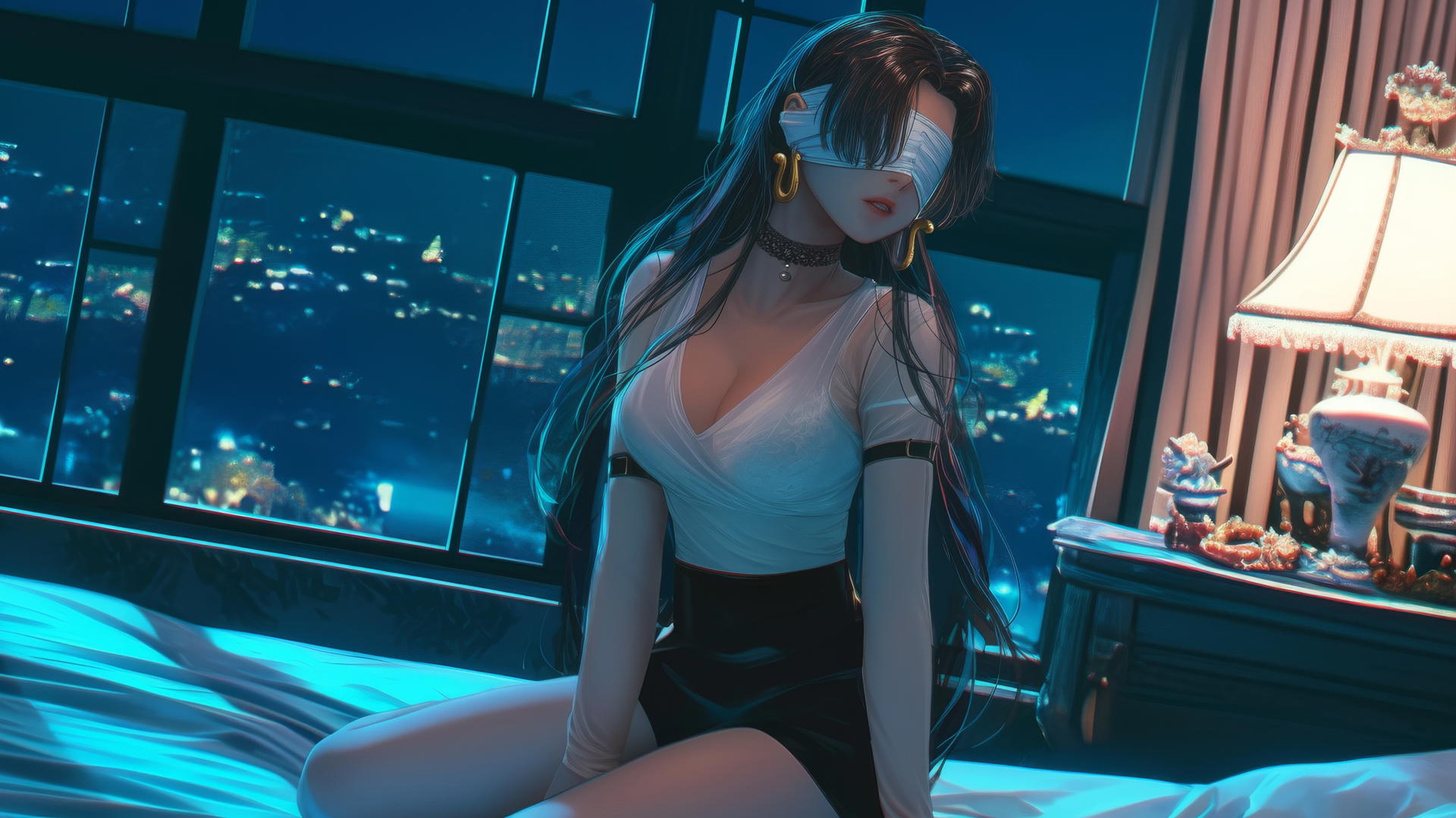Blindfolded Boa Hancock kneels in a softly lit modern hotel room.