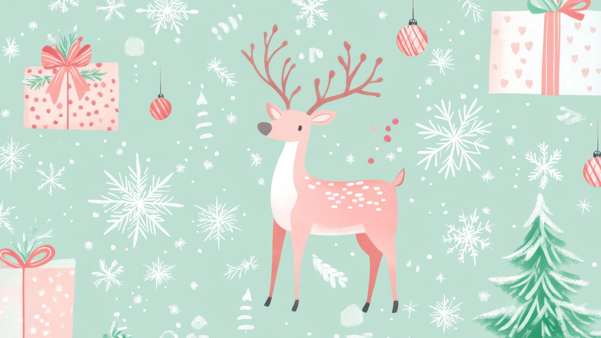 cute Christmas wallpaper preppy with reindeer, snowflakes, and wrapped gifts