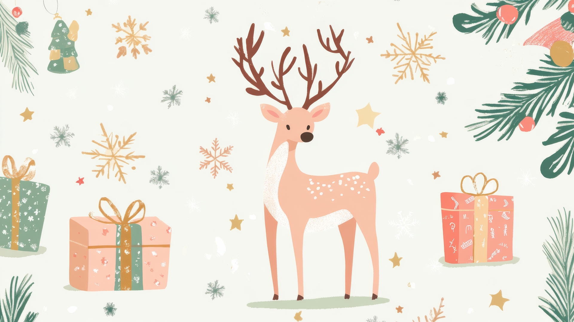 Cute Christmas wallpaper preppy with reindeer, snowflakes, and wrapped gifts