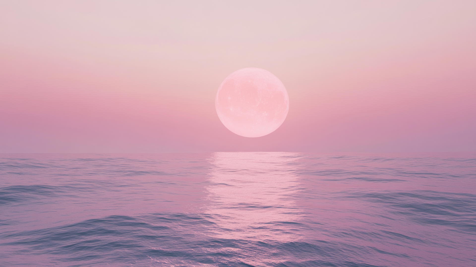 pink wallpaper aesthetic with ethereal pink moon over quiet ocean