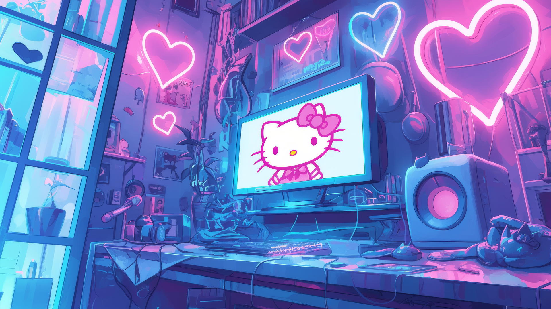 Hello Kitty wallpaper aesthetic with neon lights and vibrant colors