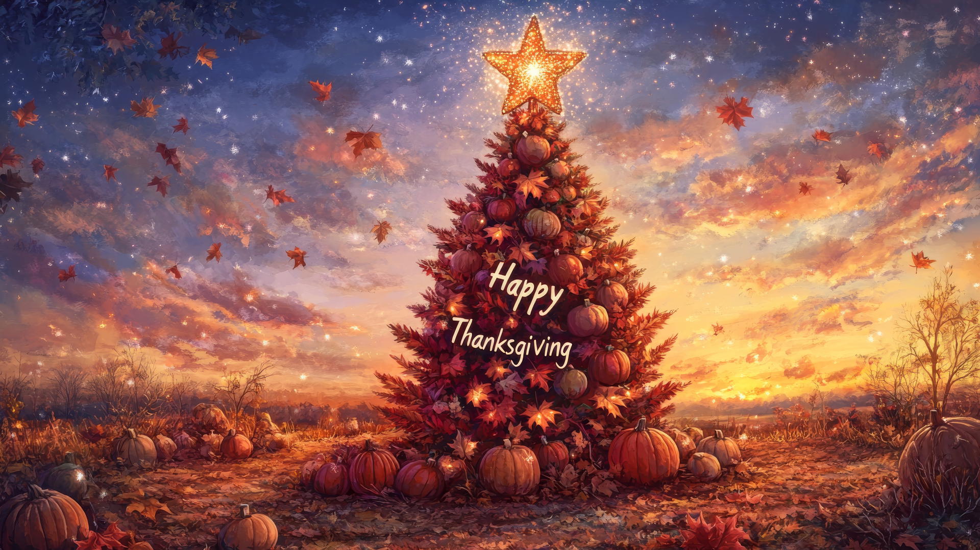 Happy Thanksgiving wallpaper with festive tree, turkeys, pumpkins, and leaves
