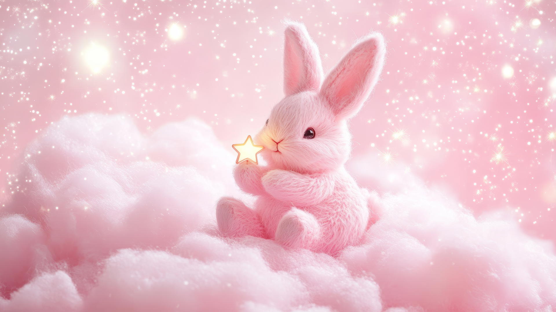 cute pink wallpaper with a kawaii bunny holding a tiny star on a fluffy cloud with sparkles and lights