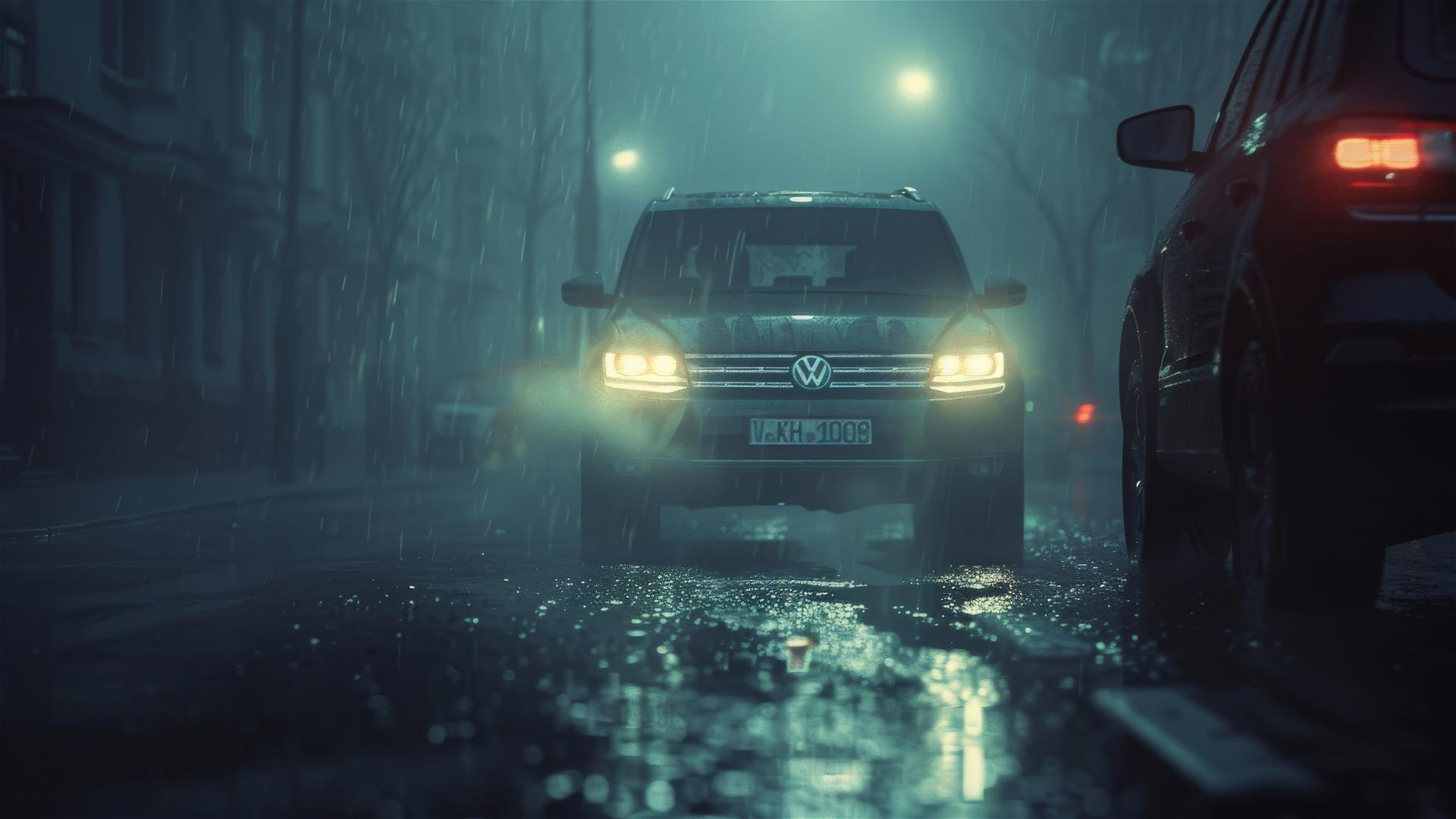 Photorealistic close-up view of a Volkswagen Tiguan in dim, gothic gloomy lighting with fog