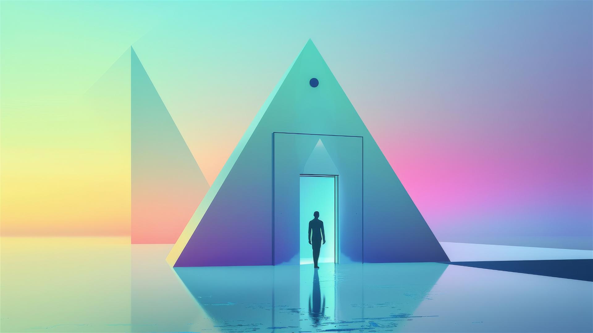 AI tech conference poster with man in front of pyramid and futuristic door