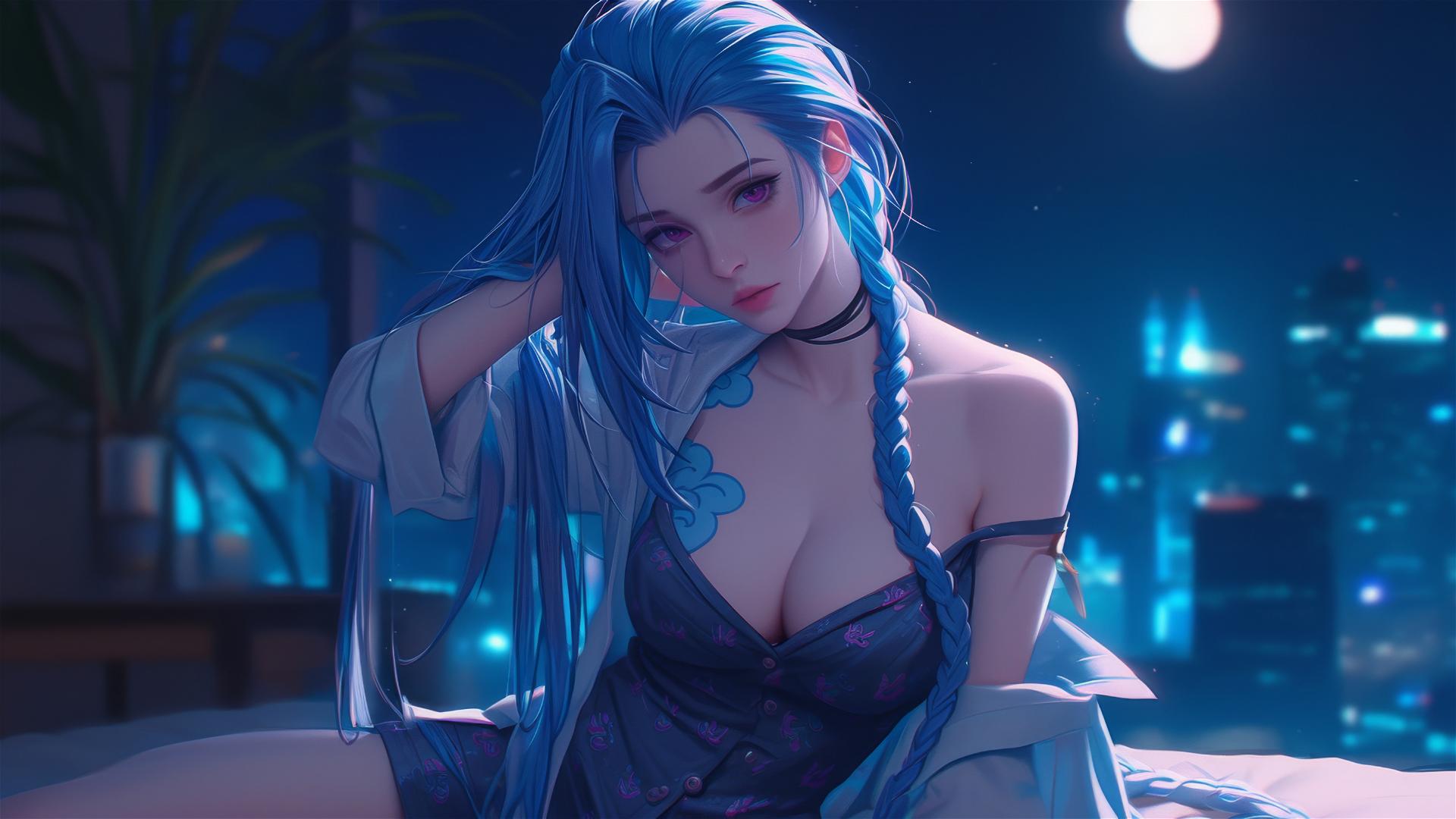 Jinx from League of Legends resting under moonlight