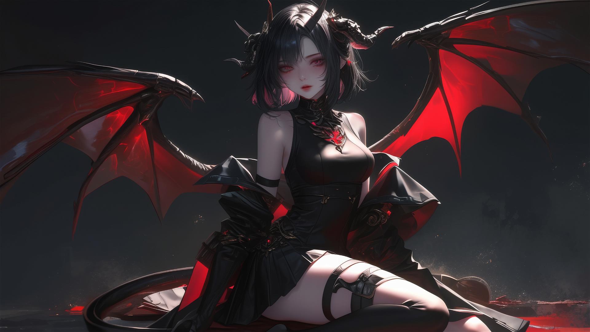 Beautiful demon girl with short hair, masked face in dynamic thigh-focused pose on dark background.