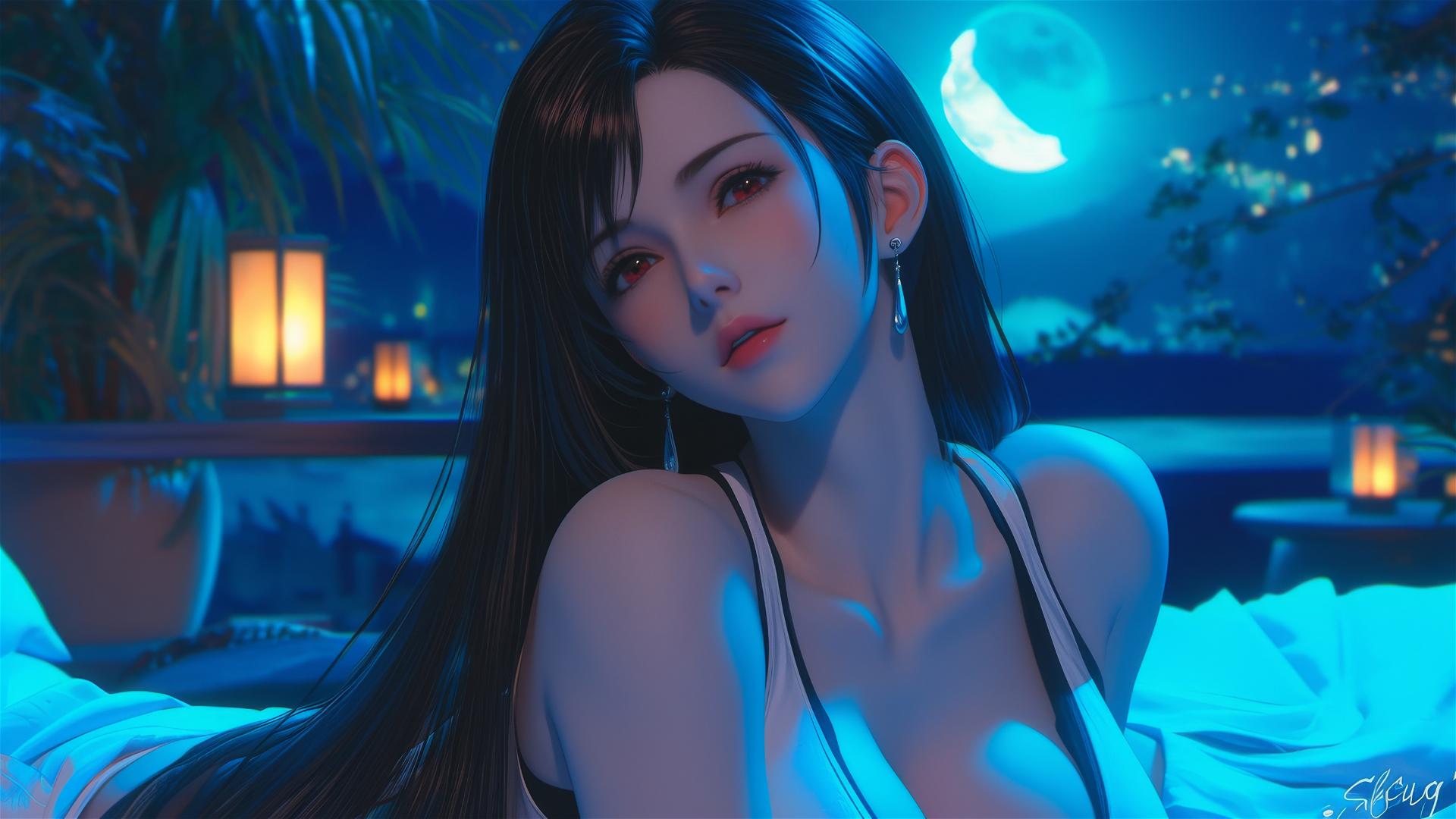 Tifa Lockhart resting in her room under moonlight
