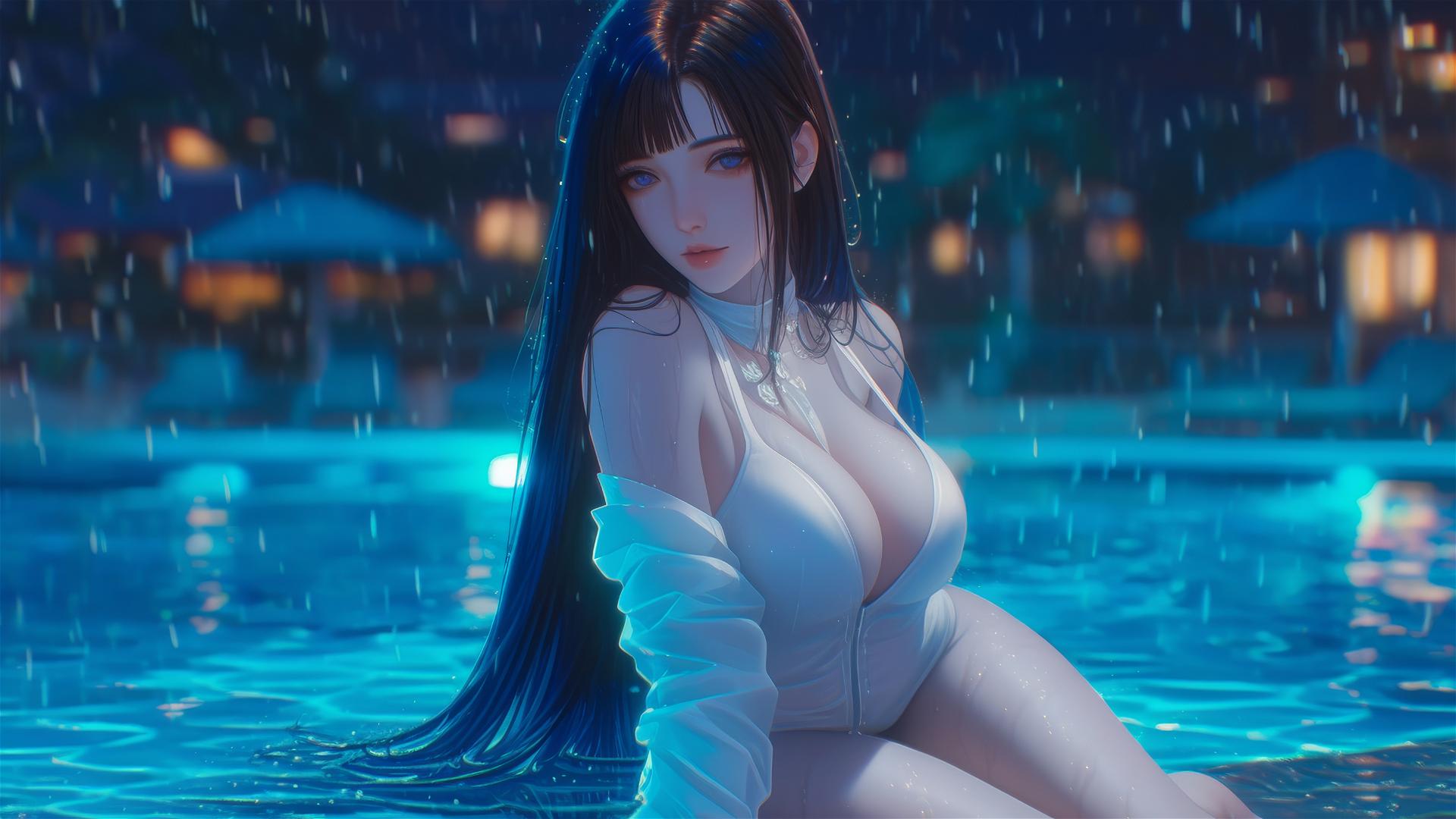 Hinata Hyuga by rainy pool with moonlight glow