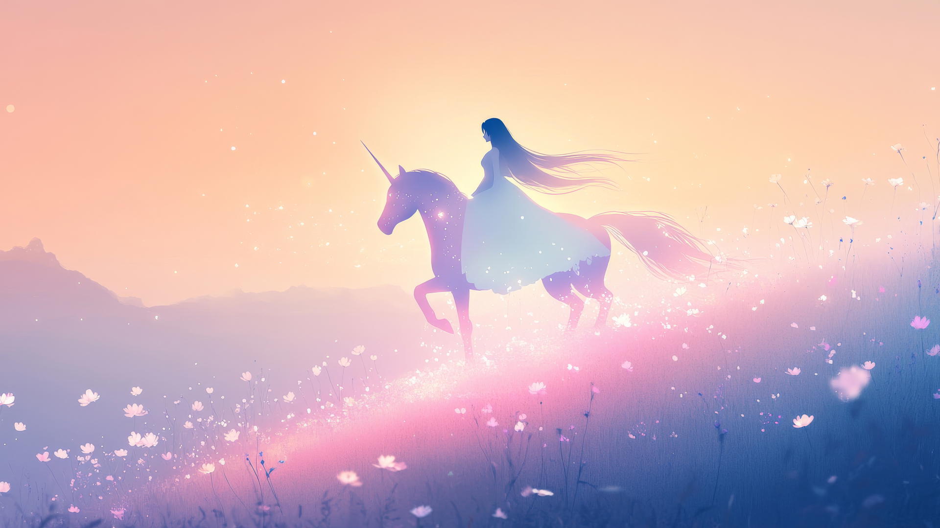 Girl rides glowing unicorn through minimalist flower field with pastel gradient background