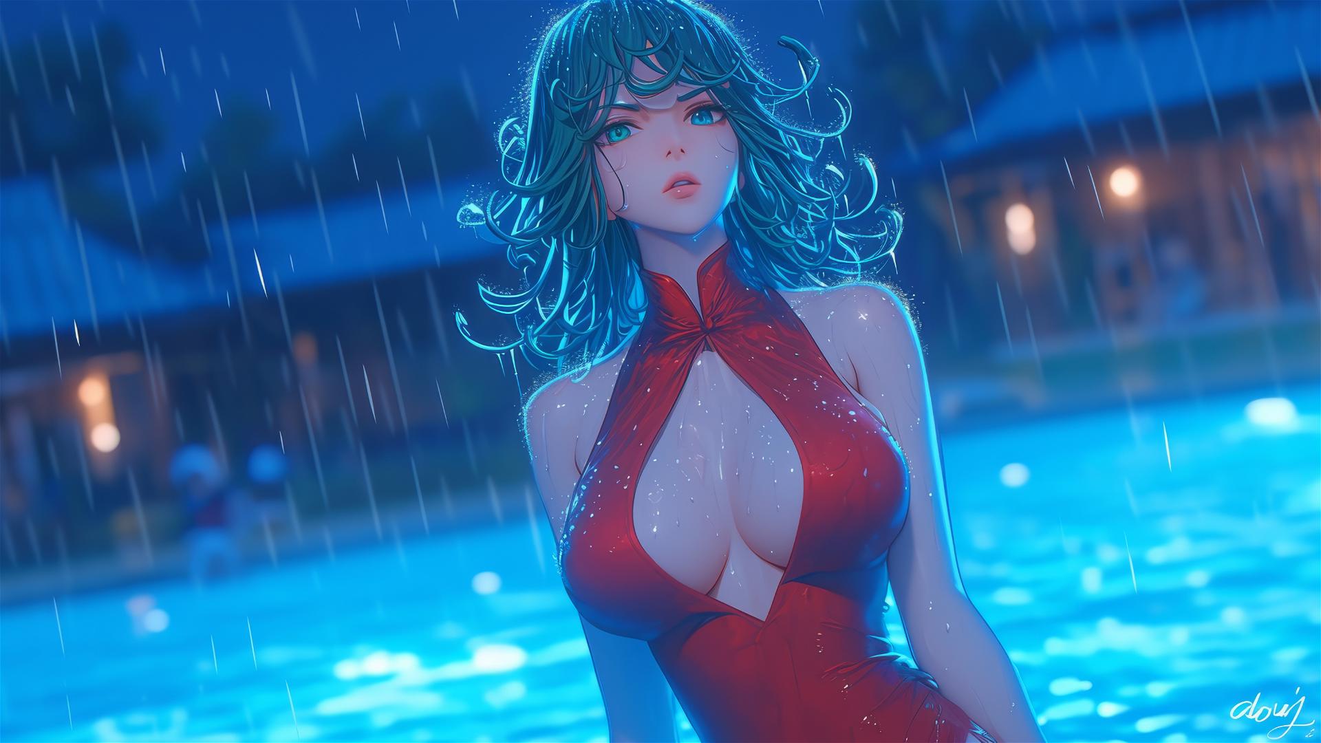 Tatsumaki from One-Punch Man in pool, moon glow, rainy, red dress