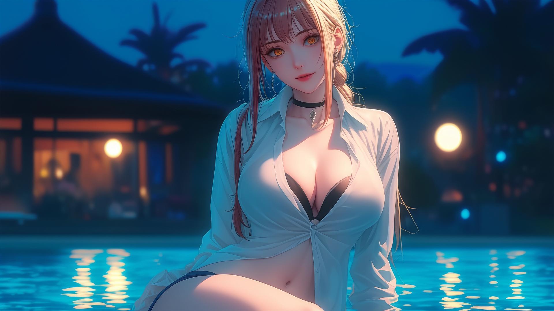 Anime character Makima from Chainsaw Man resting in a tub under moonlight