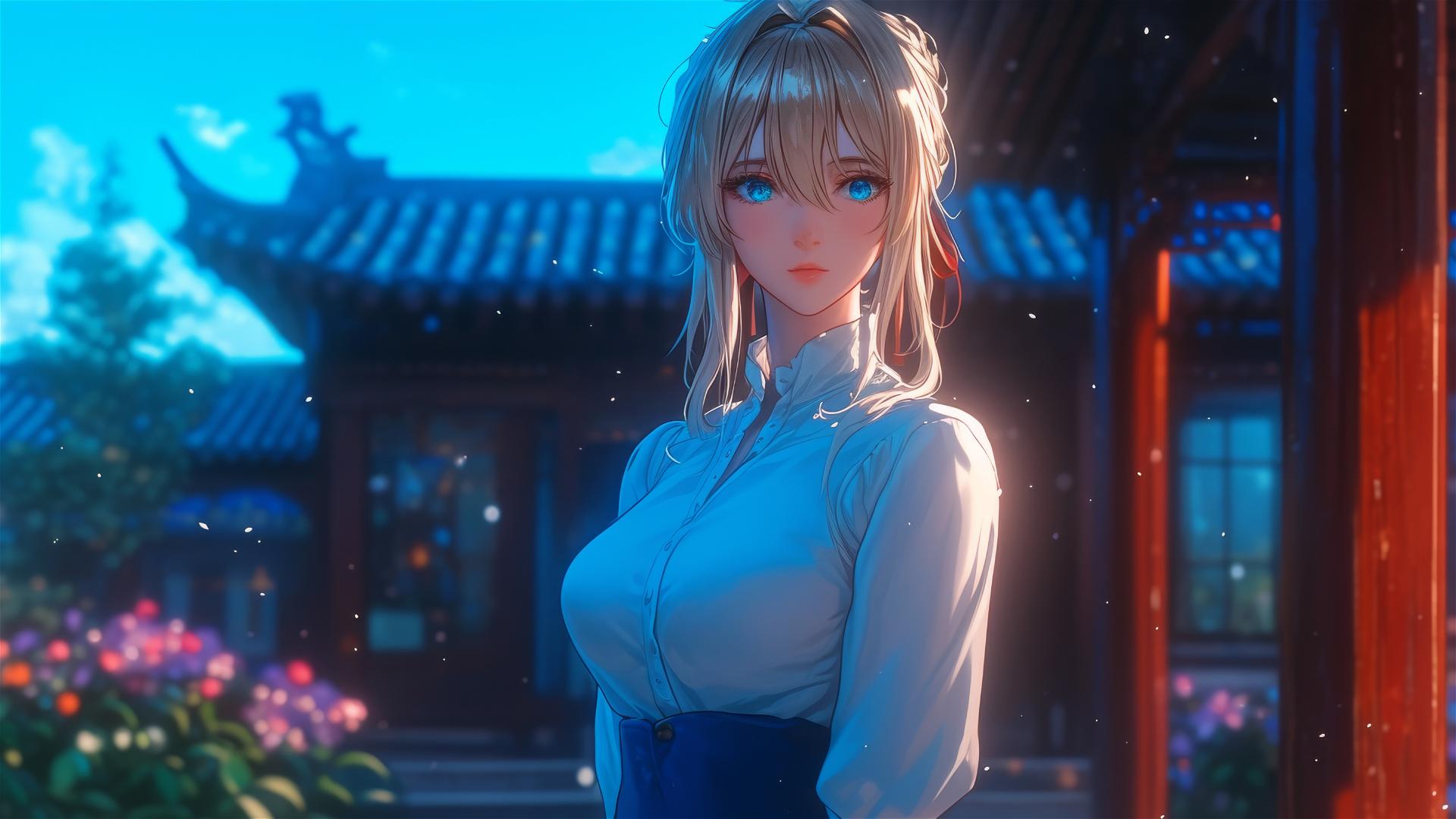 Violet Evergarden standing at her house under moonlight