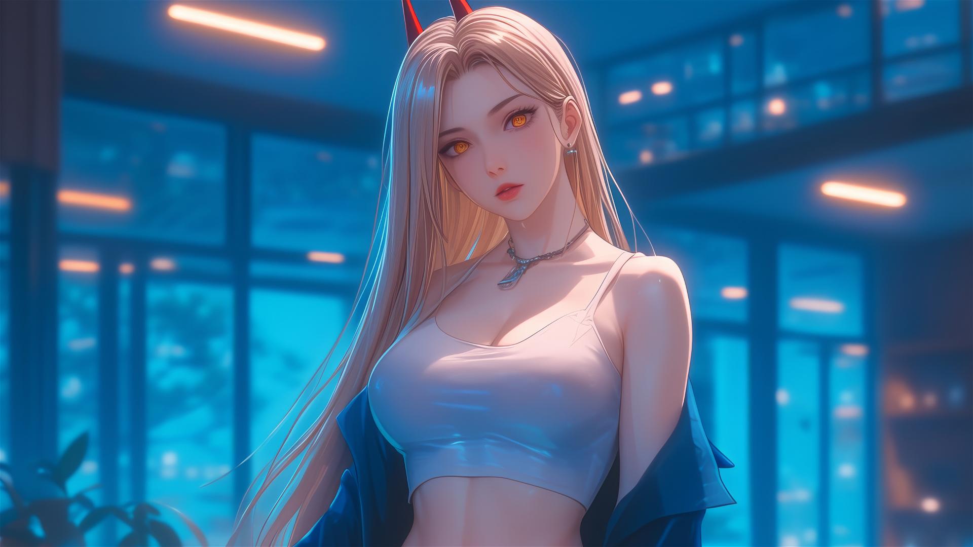 Power from Chainsaw Man in office hallway with blonde hair and red horns