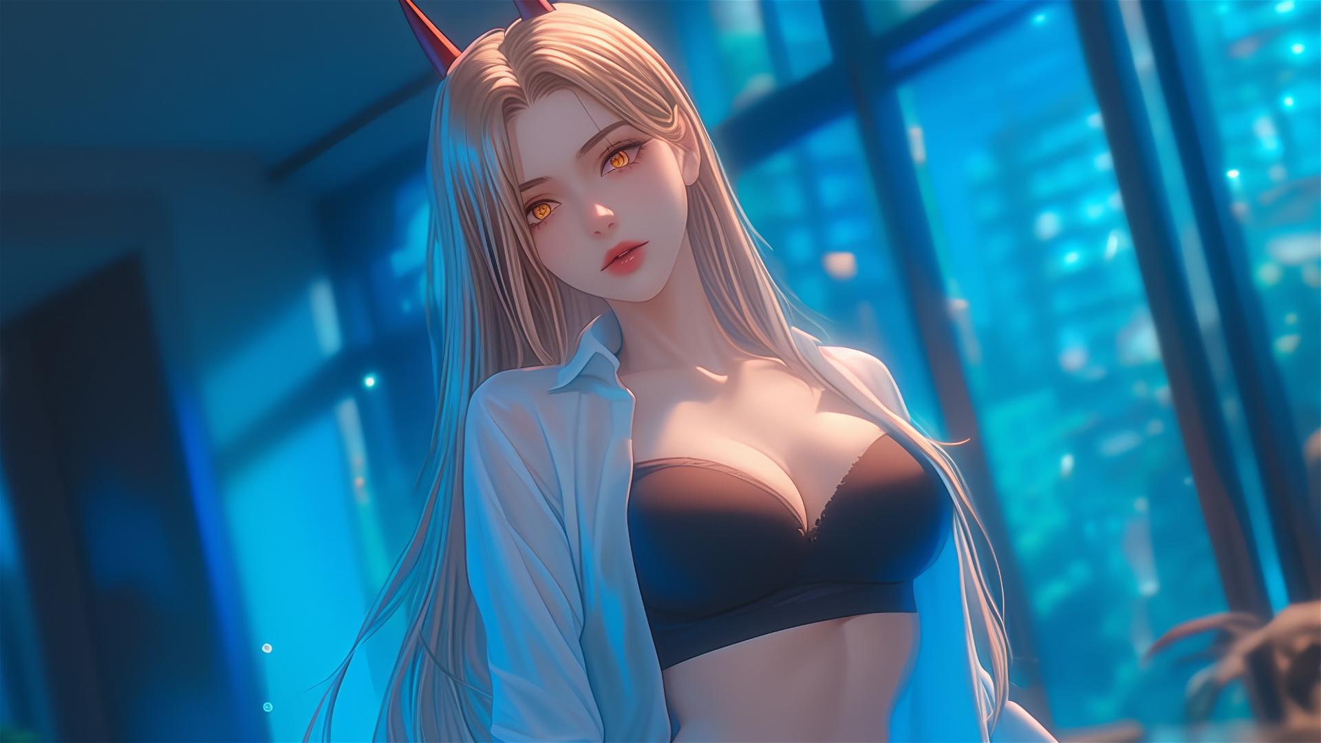 Powers from Chainsaw Man at end of office hallway, blonde hair, red horns, yellow eyes