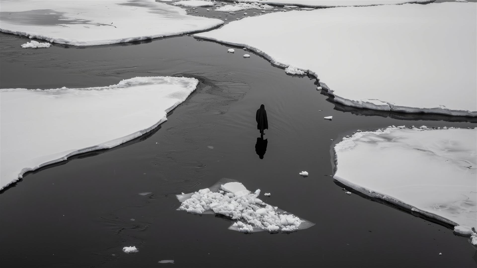 Aerial view of a dark figure in Antarctica, evoking loneliness and stillness