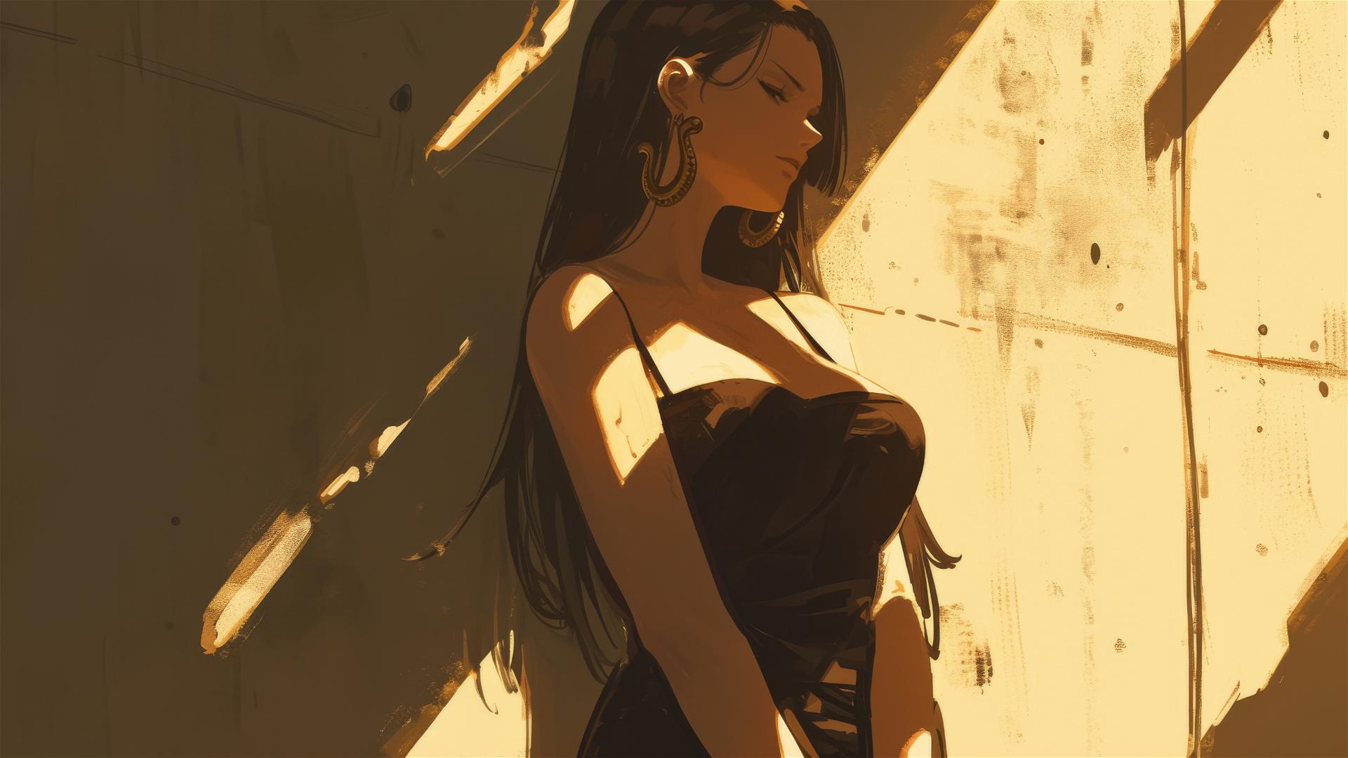 Boa Hancock from One Piece wandering in an art gallery under soft lights