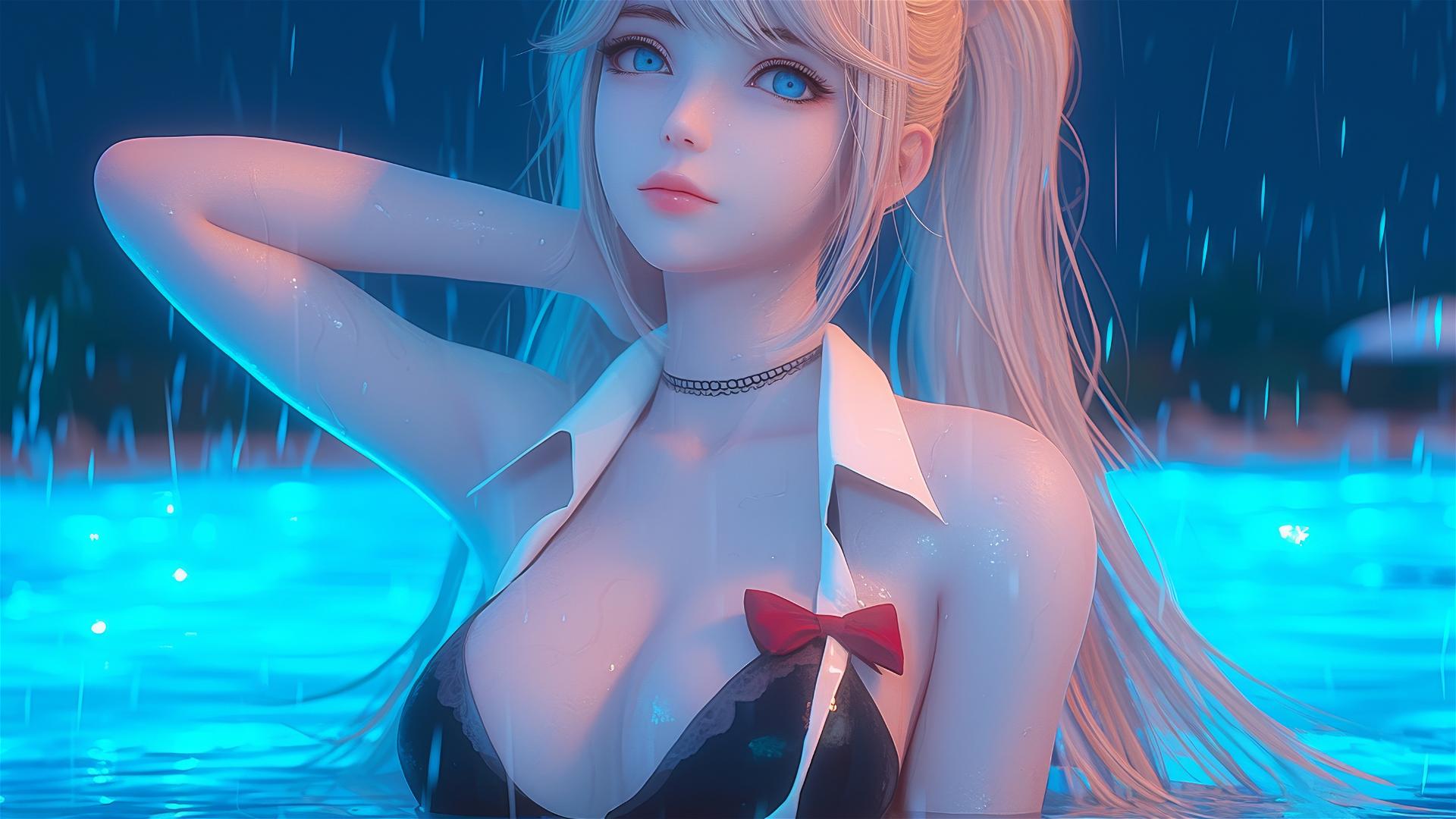 Junko Enoshima resting at a rainy pool with thigh focus