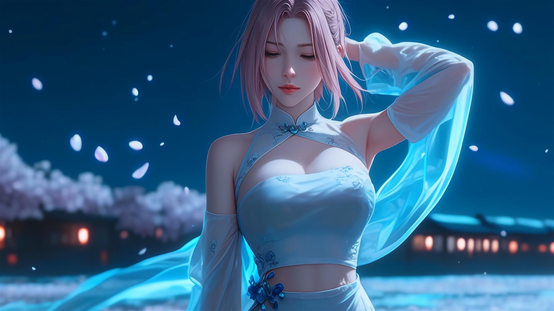 Sakura Haruno walking on blooming fields under a starry night with moonlit glow
