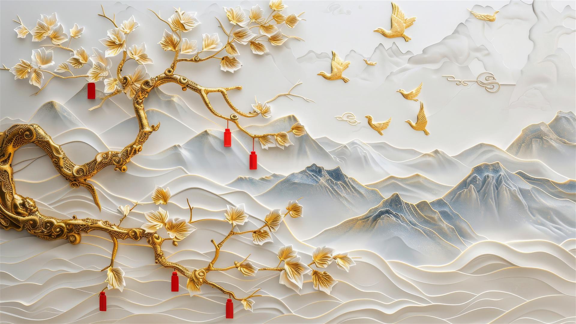 3D Asian painting with golden mountains, birds in trees, paper carving style, gold, blue, white backdrop.