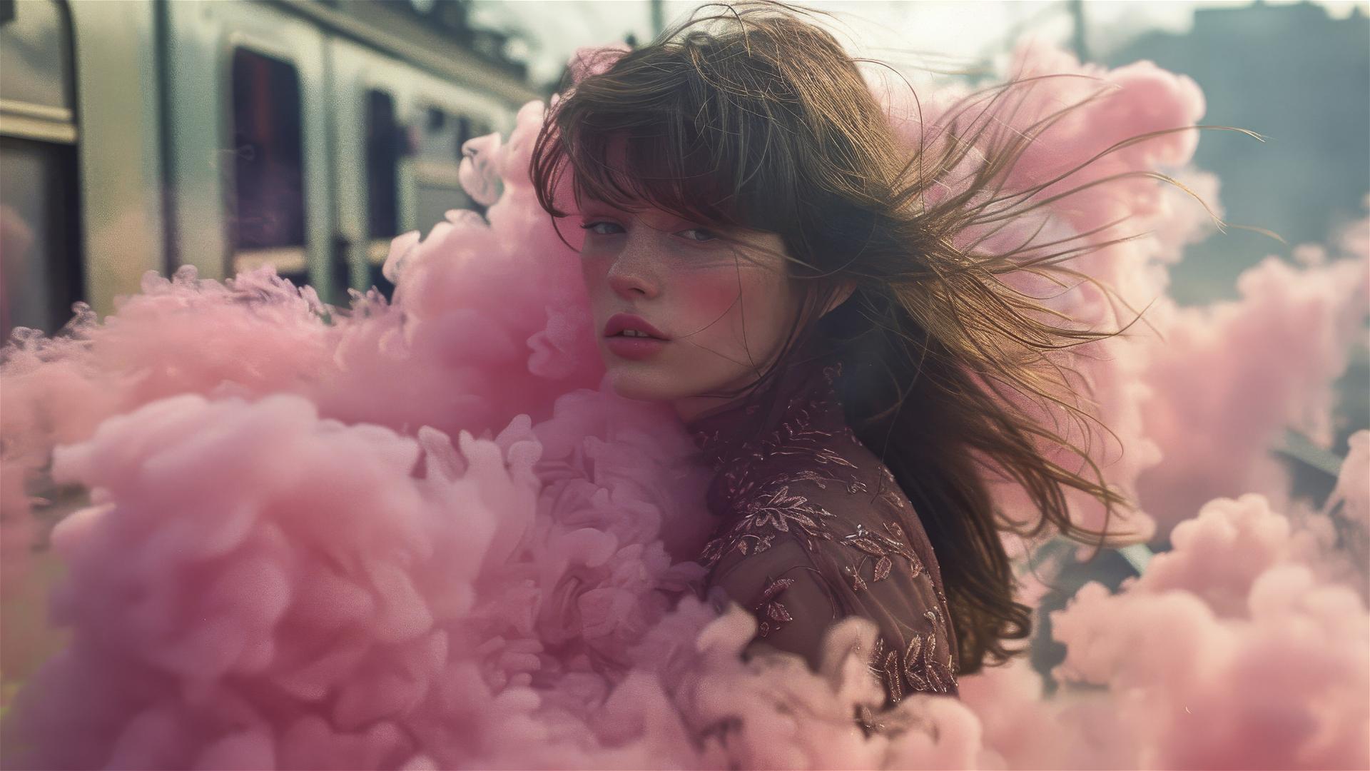 Model between trains with pink smoke, brown hair, floral 1980s style.