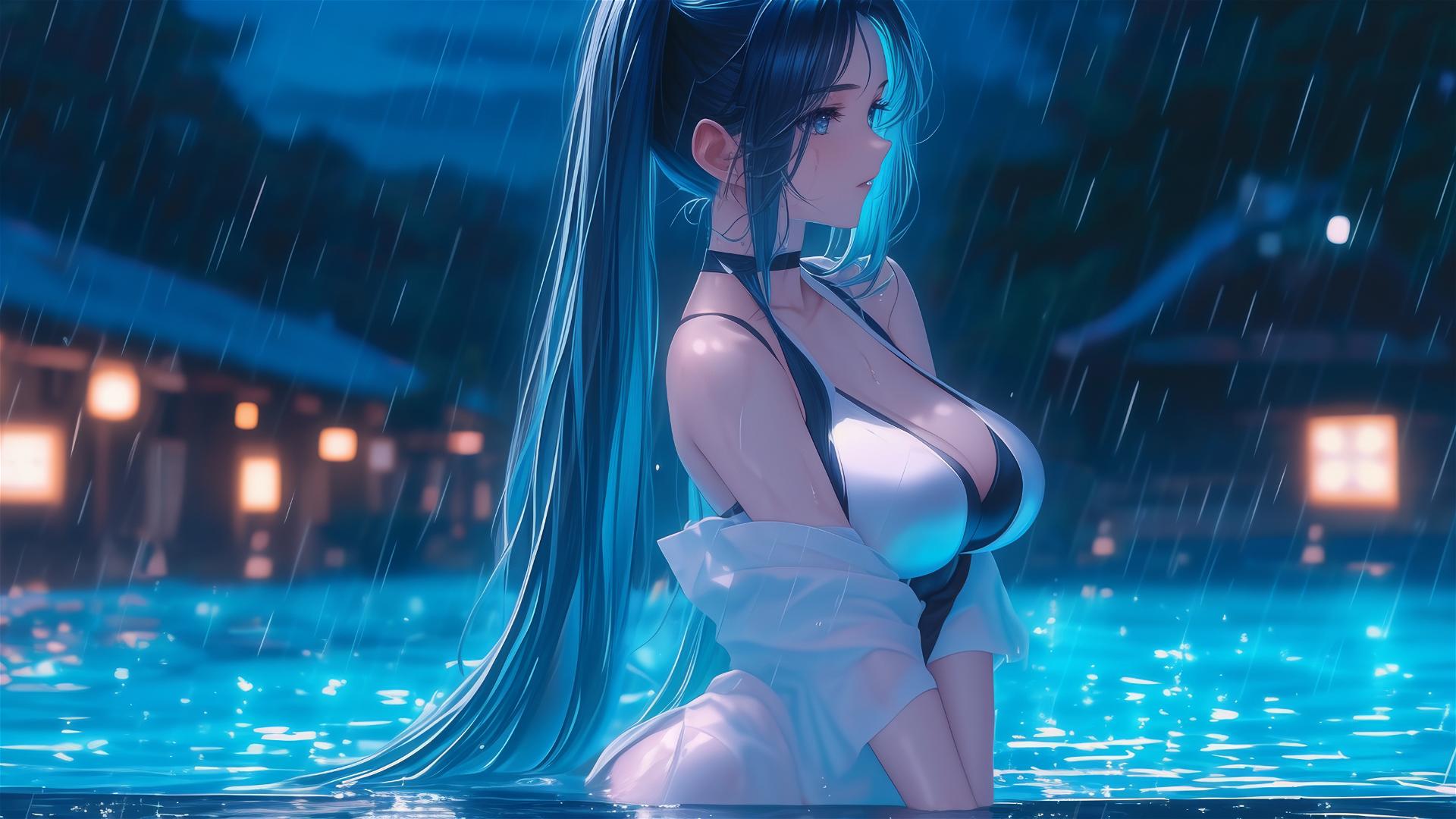 Hatsune Miku resting at a rainy swimming pool with moonlight glow