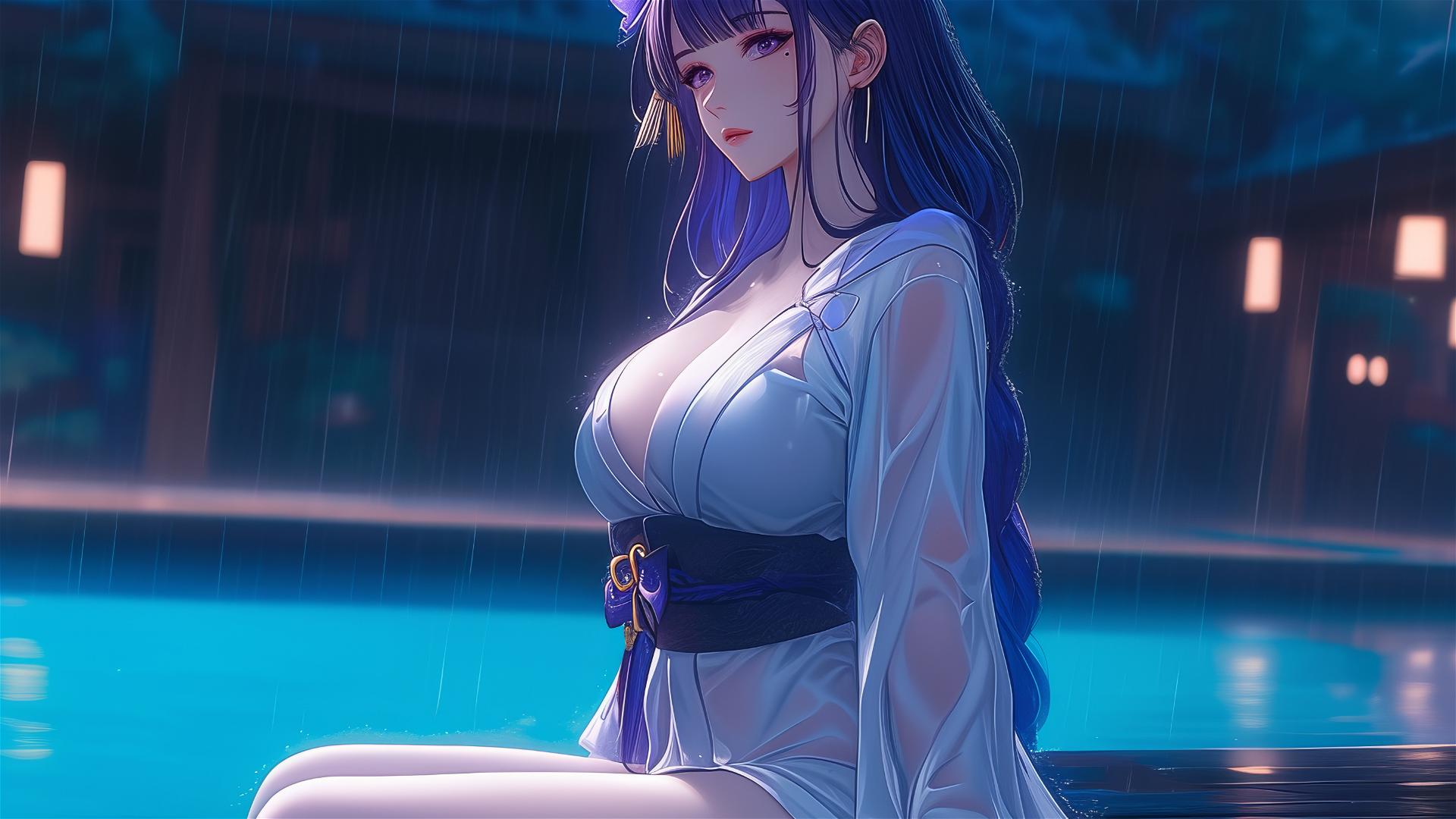 Raiden Shogun resting at a rainy pool with moonlight glow