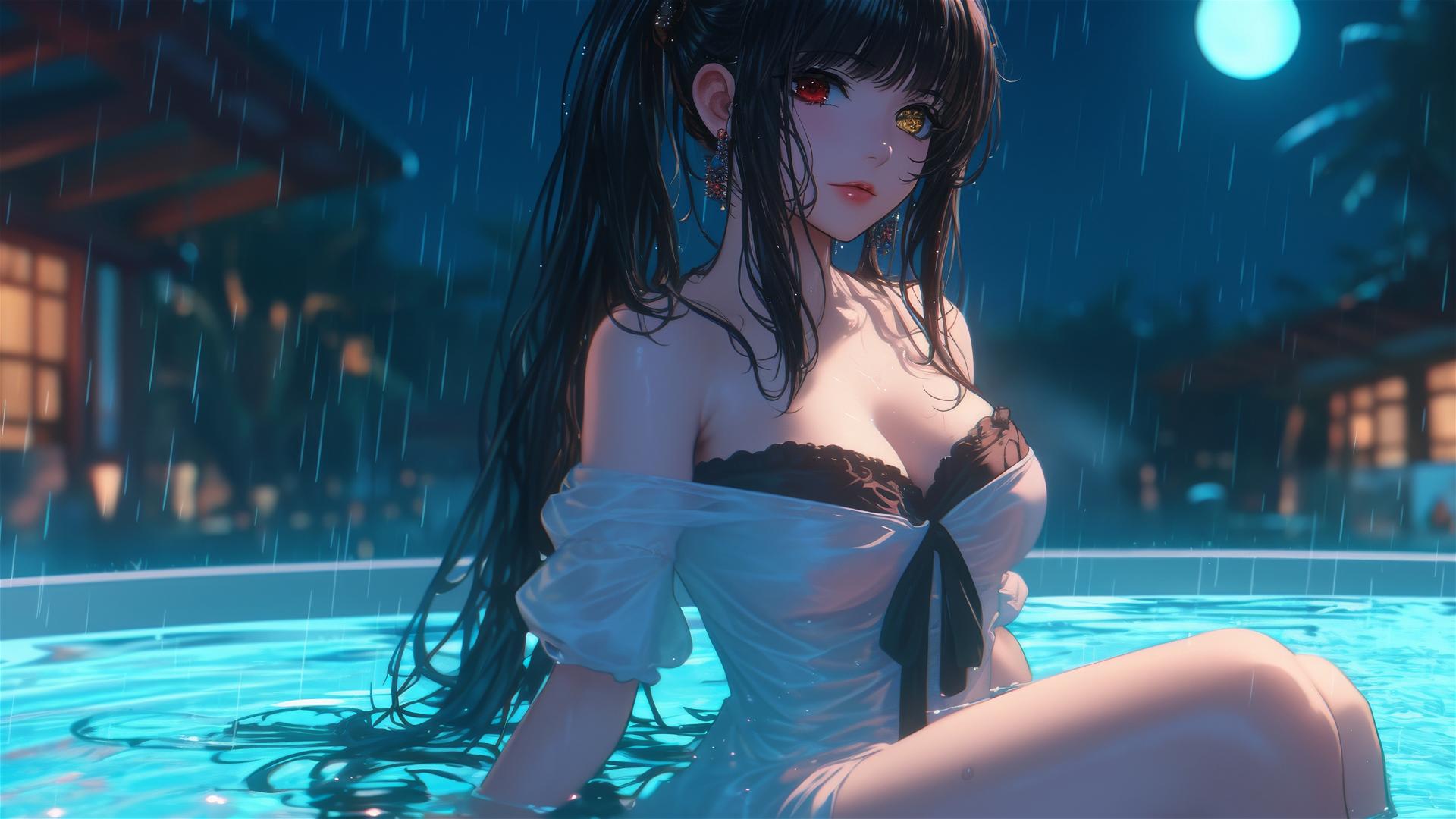 Kurumi Tokisaki from Date A Live, in a tub with moonlight glow, wearing white dress.