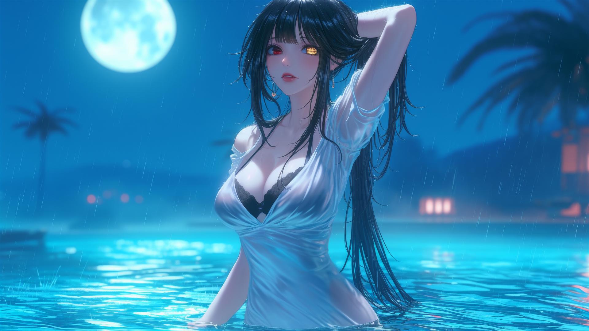 Kurumi Tokisaki standing in rainy pool under moonlight, white dress, eyes red and yellow