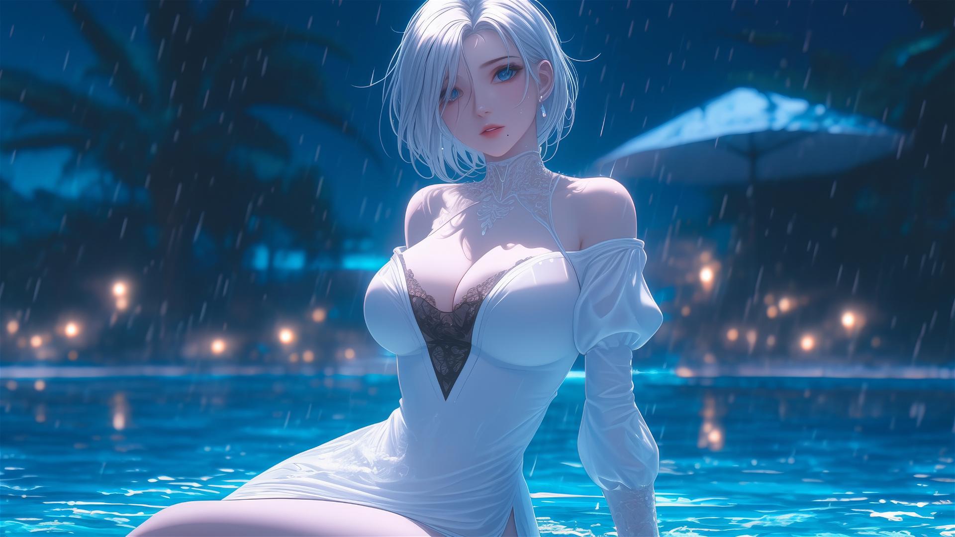 2B from Nier in casual pure white clothing, sitting by a rainy pool with moonlight glow.