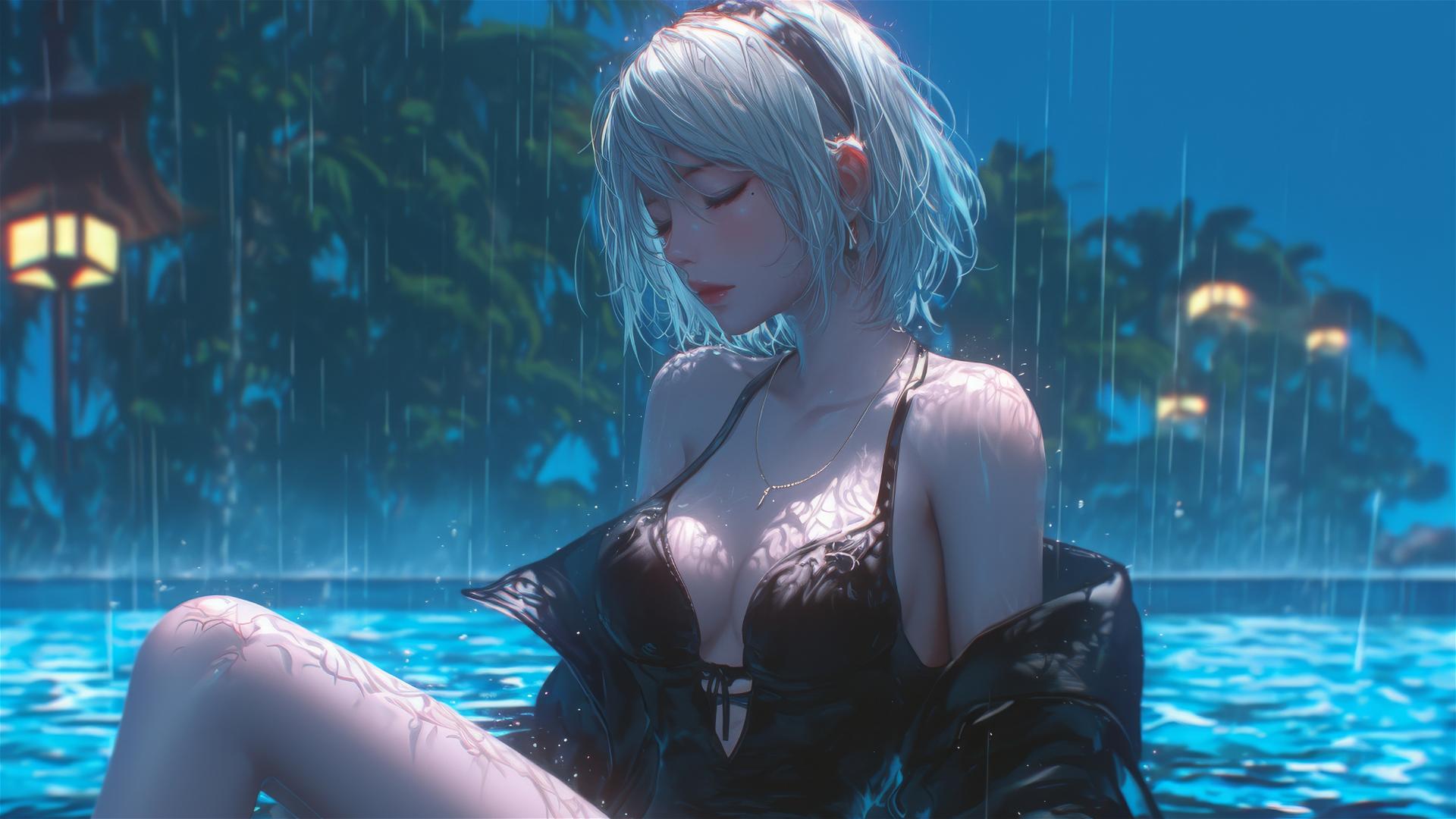 2B from Nier in pink attire, sitting relaxed by a rainy swimming pool under moonlight.