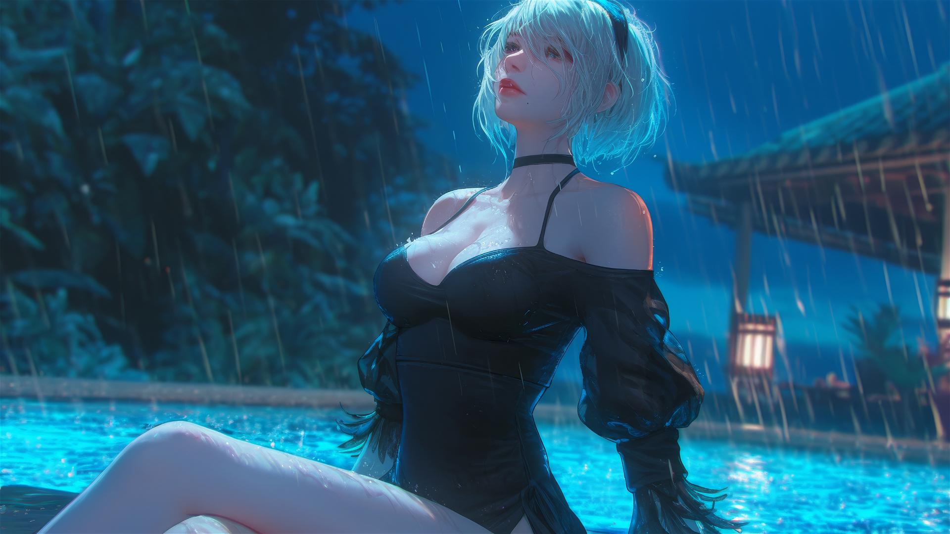 2B from Nier in casual clothes, relaxed at a night pool under moonlight