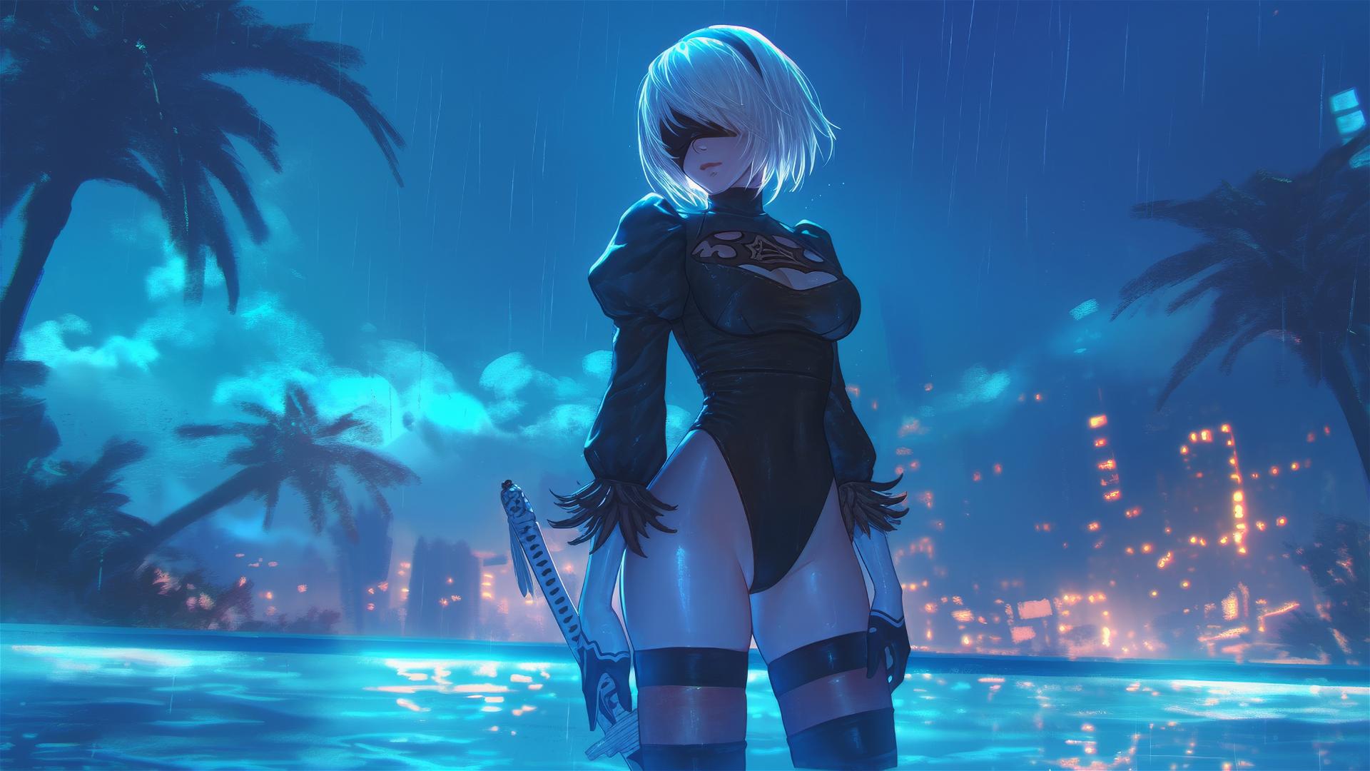 2B from Nier standing by a rainy swimming pool under moonlight
