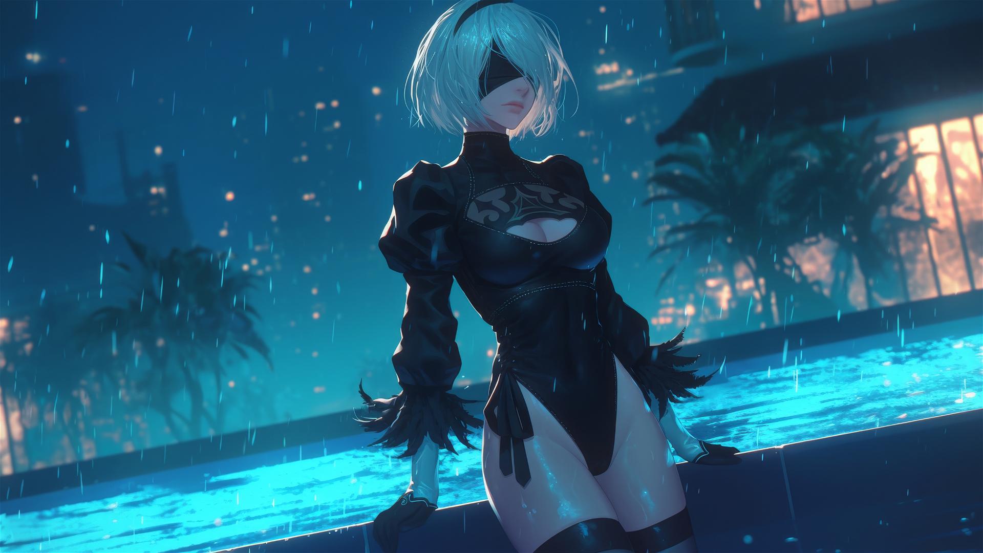2B from Nier stands at a rainy swimming pool under moonlight